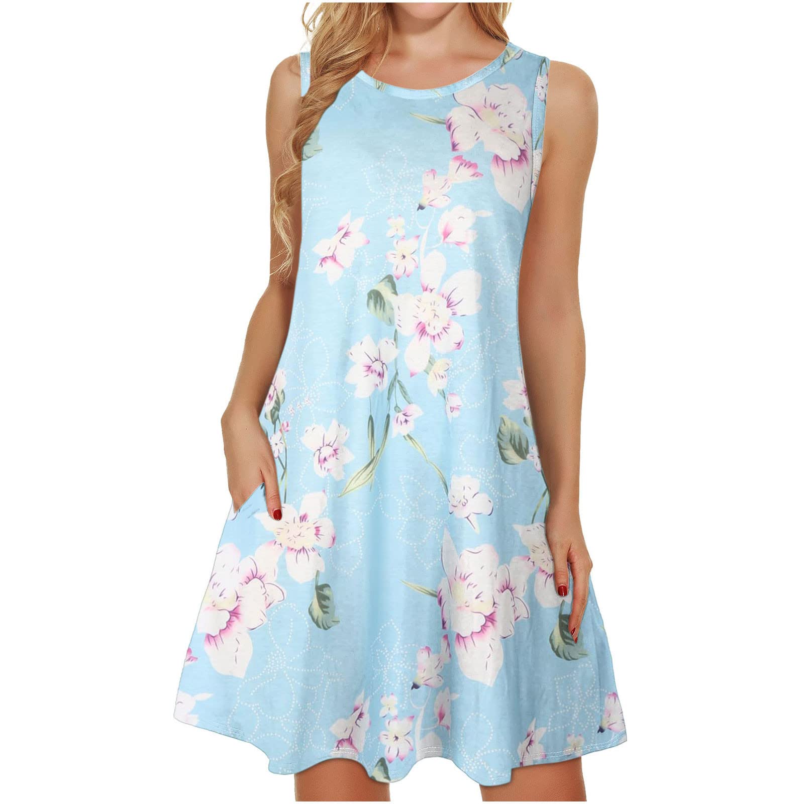 Women's Floral Sundress - Sleeveless Tunic Swing Mini Dress with Elegant Print, Beach Cover Up for Summer Vacation, Pool Party & Casual Outings