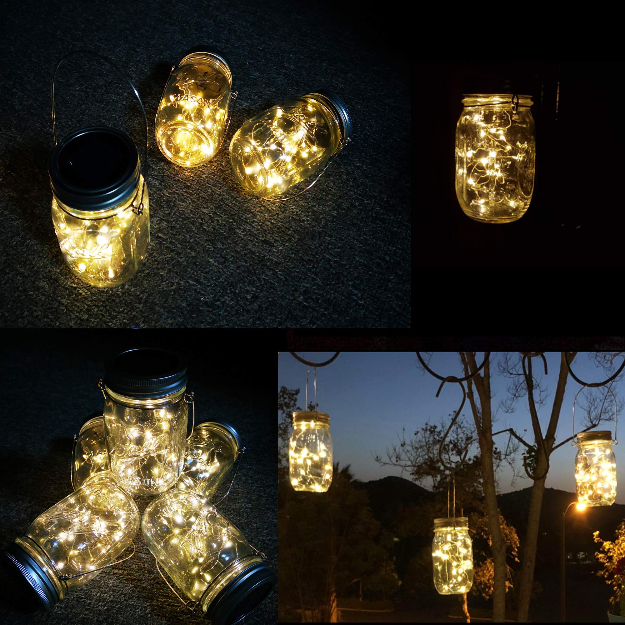 4 Pack Solar Powered Mason Jar Lights - 30 LED Fairy Firefly Starry String Lights with Hangers, Waterproof Outdoor Hanging Lanterns for Garden, Patio, Wedding, Table Decor & Party Lighting