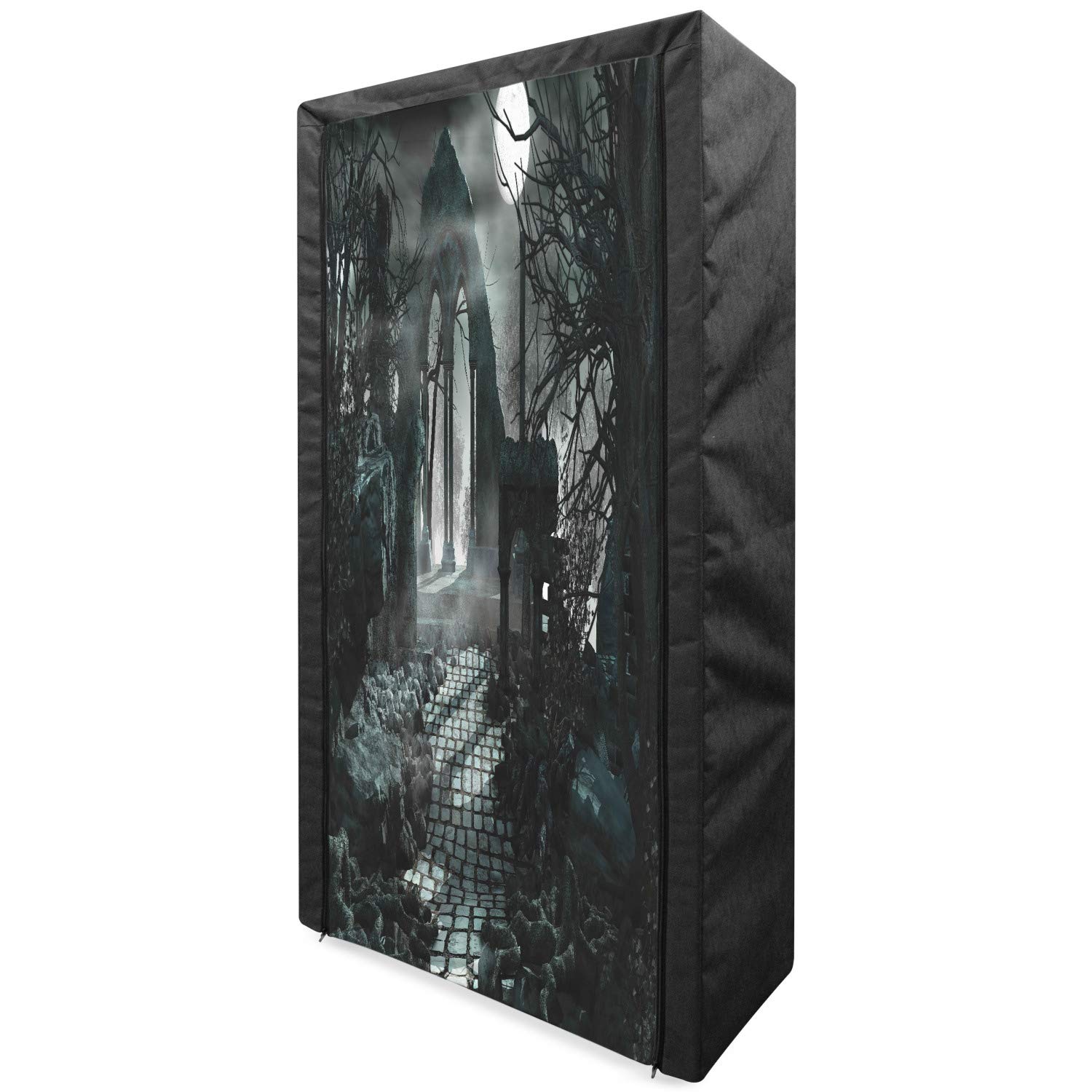 Ambesonne Gothic Portable Fabric Wardrobe - Full Moon Over Medieval Ruins Dark Fantasy Design, Blue Grey Clothing Organizer with Shelves (33.5 Inch) | Perfect for Gothic Bedroom Decor, Halloween Party Backdrop & Medieval Themed Events