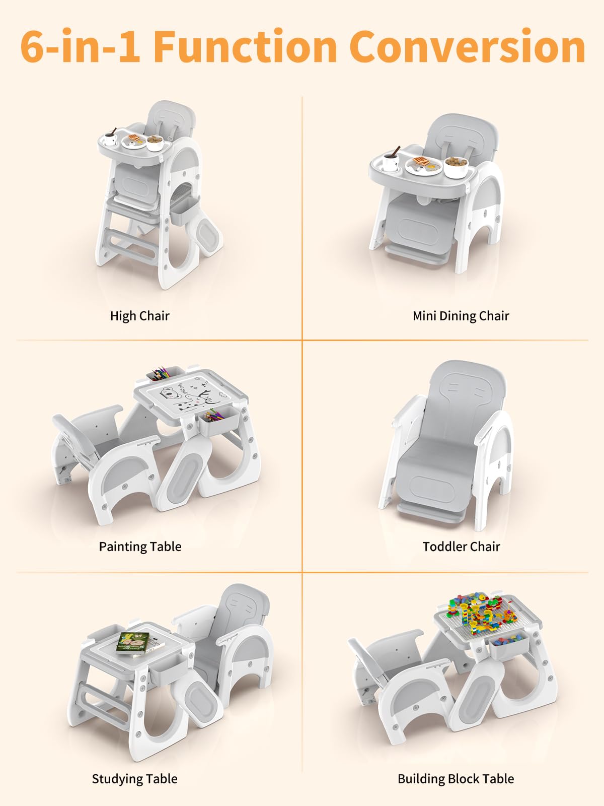**Baby High Chair with Safety Harness & Adjustable Seat – Convertible Toddler Chair, Study Table & Building Block Play Set – Perfect for Feeding, Learning & Playtime**