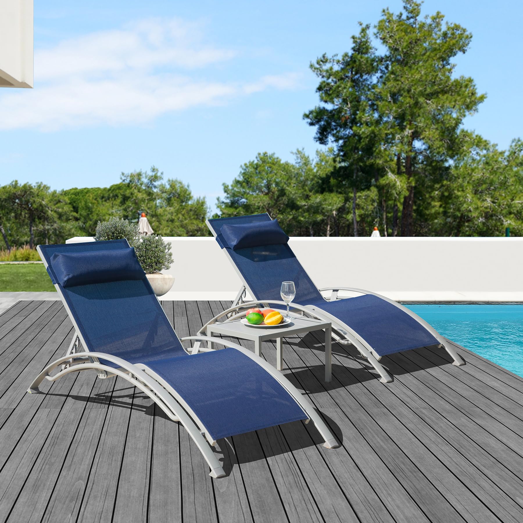 **Domi 3-Piece Aluminum Lounge Chair Set - Adjustable Outdoor Chaise Lounge for Pool, Garden & Beach - Includes 2 Pool Chairs & 1 Side Table (Blue) - Perfect for Relaxing by the Pool, Sunbathing, or Outdoor Lounging**