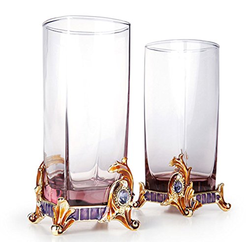 Premium 8.5 oz Square Crystal Drinking Glasses - Bohemian Enameled Tumblers with 24K Gold Plating & Swarovski Crystals, Elegant Robbie Rodin Design (Set of 2) - Perfect for Cocktails, Wine Tasting & Luxury Home Decor