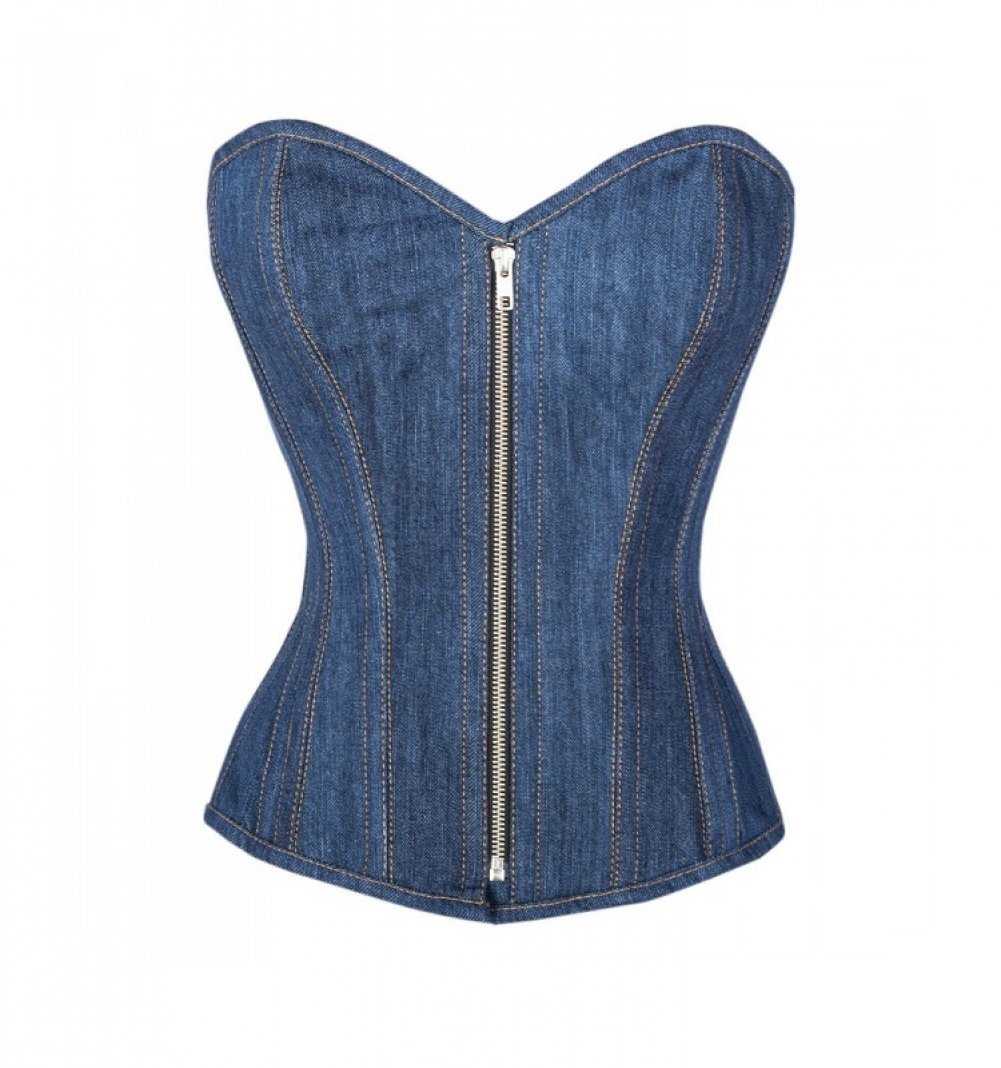 Gothic Steampunk Blue Denim Overbust Corset Top with Zipper - Victorian Halloween Costume, Cosplay Outfit, LARP & Burlesque Fashion