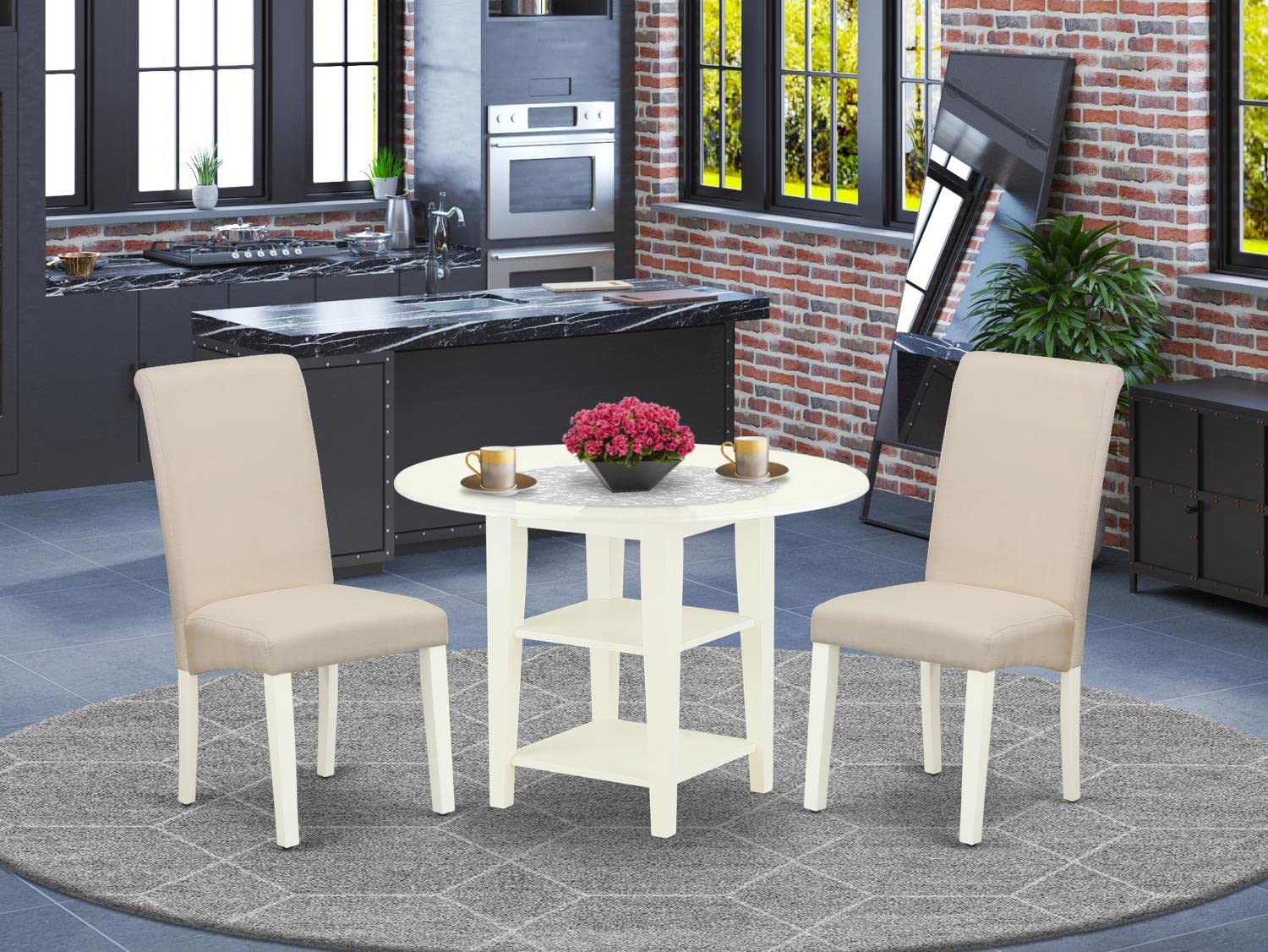 East West Furniture SUBA3-LWH-01 3-Piece Kitchen Table Set - Round Drop Leaf Dining Table with Storage Shelves & 2 Cream Linen Fabric Parson Chairs, 42x42 Inch, Linen White - Perfect for Small Spaces, Breakfast Nooks & Cozy Dining Areas