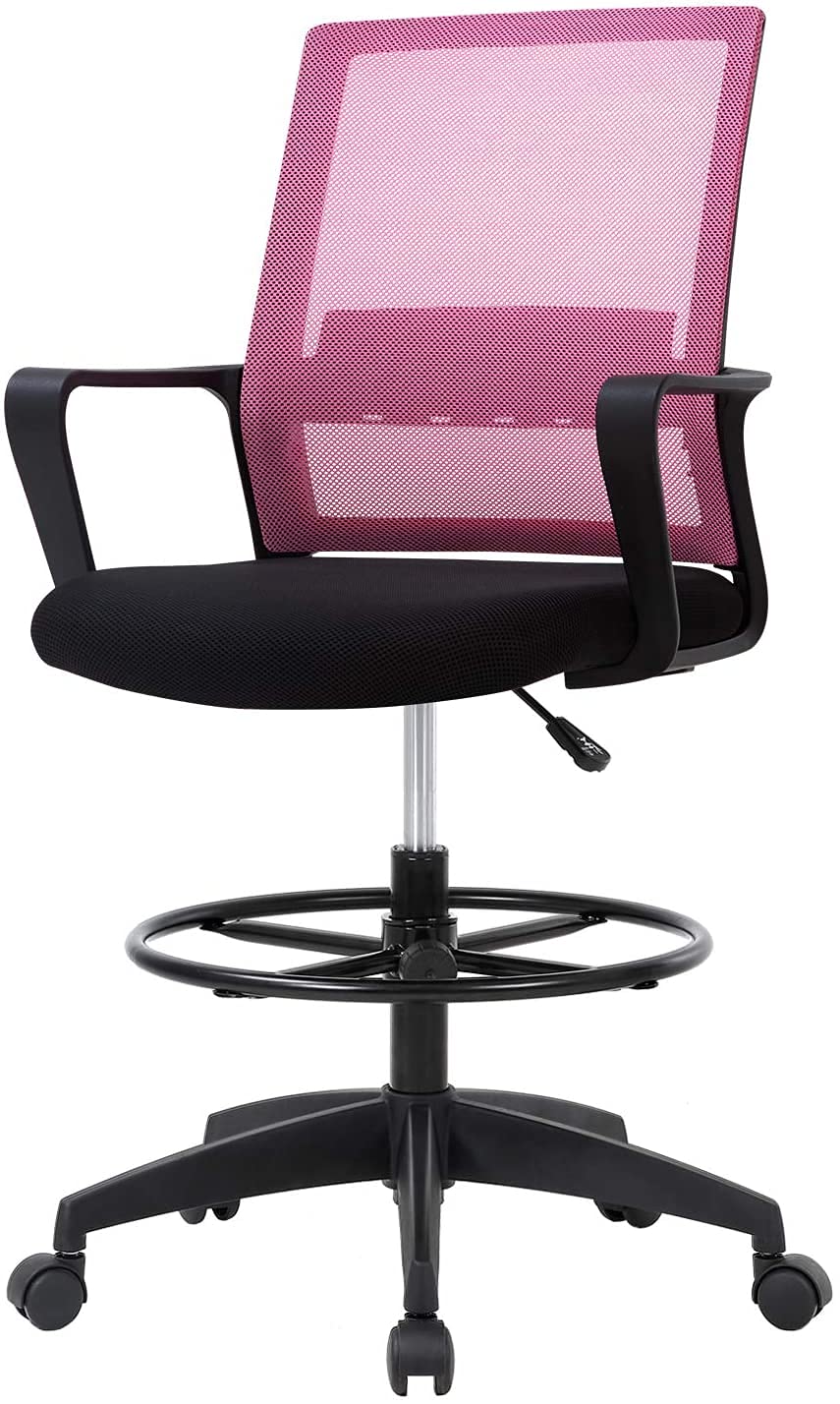 Ergonomic Mesh Back Office Chair with Adjustable Height & Foot Pedal - Lumbar Support Drafting Chair for Research, Study & Work - Comfortable Arm Chair for Home & Office Use (Pink)