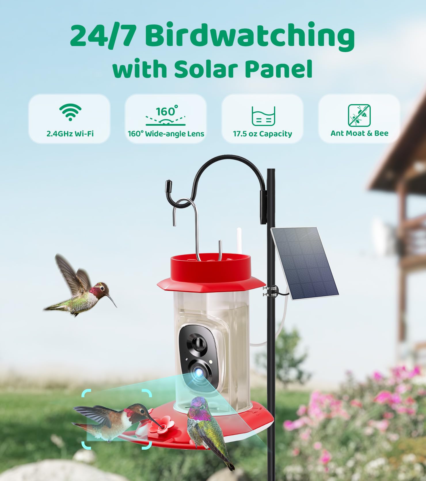 HIXX Smart Hummingbird Feeder with Camera - Solar Powered Bird Feeder with AI Recognition, Ant Moat & Bee Proof Design - Easy Clean & Refill - Includes Coolfly Birdwatching App - Perfect Gift for Bird Lovers (17.5 oz) - Ideal for Backyard Birdwatching, Nature Photography & Outdoor Decor