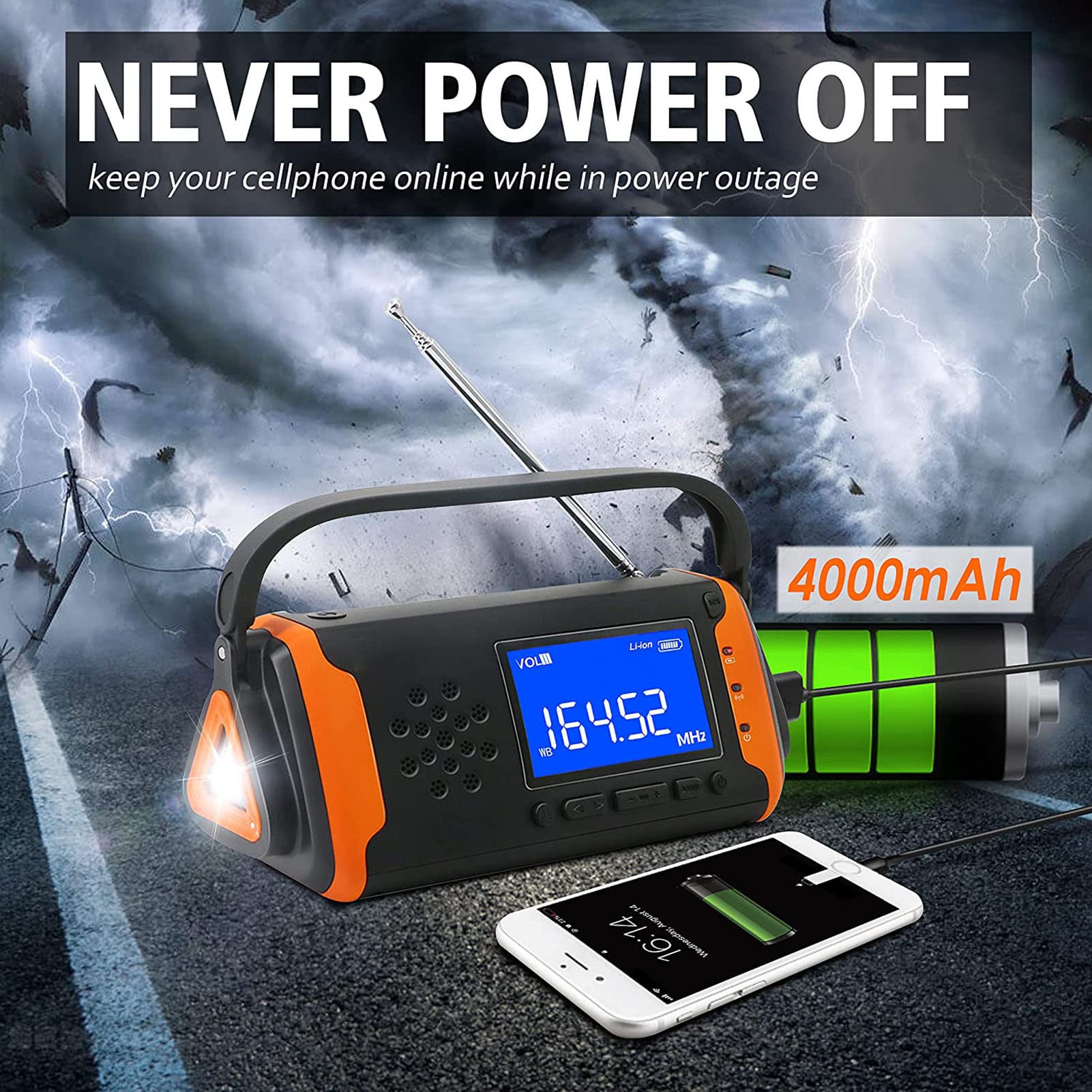 4000mAh Emergency Weather Radio with Hand Crank & Solar Power - Portable AM/FM/NOAA Radio, Phone Charger, LED Flashlight & SOS Alarm for Outdoor Camping, Hiking & Survival Kits