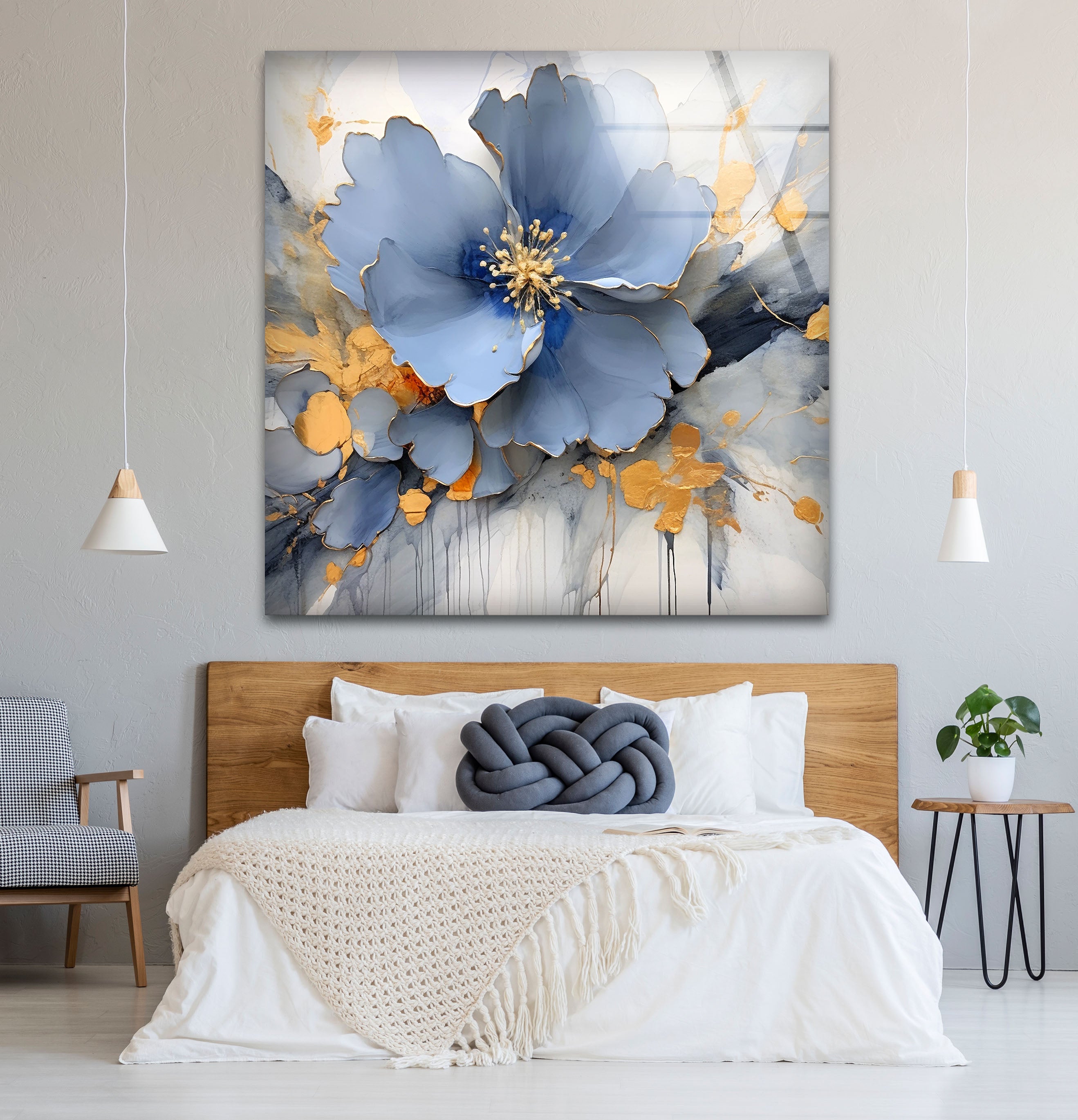 Blue Gold Blossom Wall Art - Elegant Floral Glass Print for Home Décor | Modern Botanical Painting for Living Room, Bedroom & Office | Perfect Housewarming Gift
