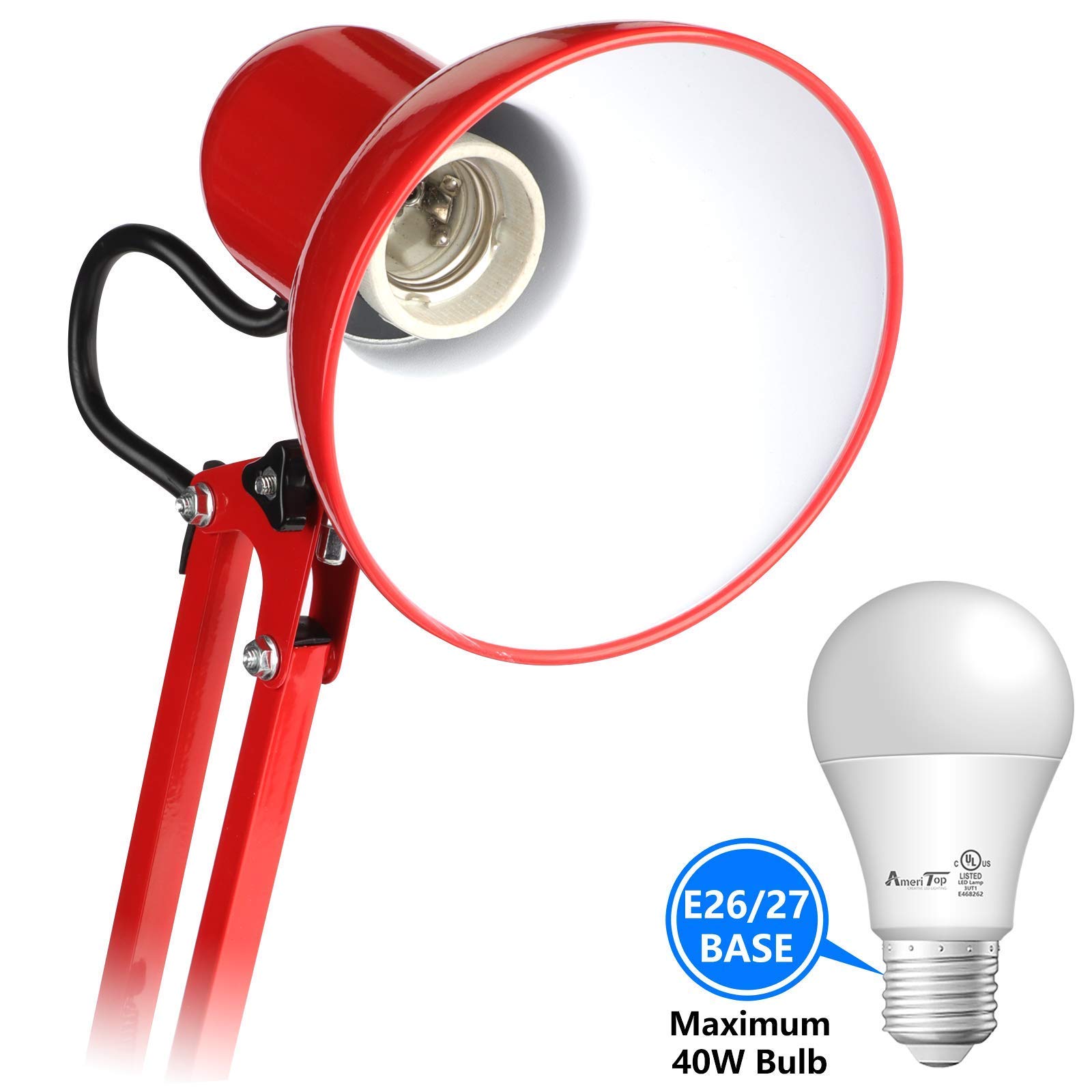AmeriTop Metal Desk Lamp with Adjustable Goose Neck & 6 Pack 3000K Warm White LED Bulbs - Red Swing Arm Table Lamp with Clamp/Interchangeable Base | Perfect for Home Office, Study Room & Bedside Reading Lighting