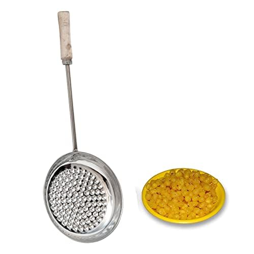 REVV UP Boondi Jhara with Wooden Handle - 6.5 Inch Stainless Steel Boondi Maker & Big Jalli Karandi - High Durability for Indian Snack Making - Perfect for Ghee Boondi, Rava Laddu & Diwali Sweets Preparation