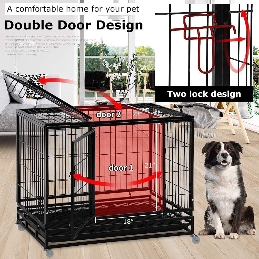 36 Inch Heavy Duty Dog Crate - Black Waterproof Steel Kennel with Wheels & Double Doors | Non-Toxic, Lockable, Easy to Clean | Indoor & Outdoor Use for Large Dogs, Travel & Home Security