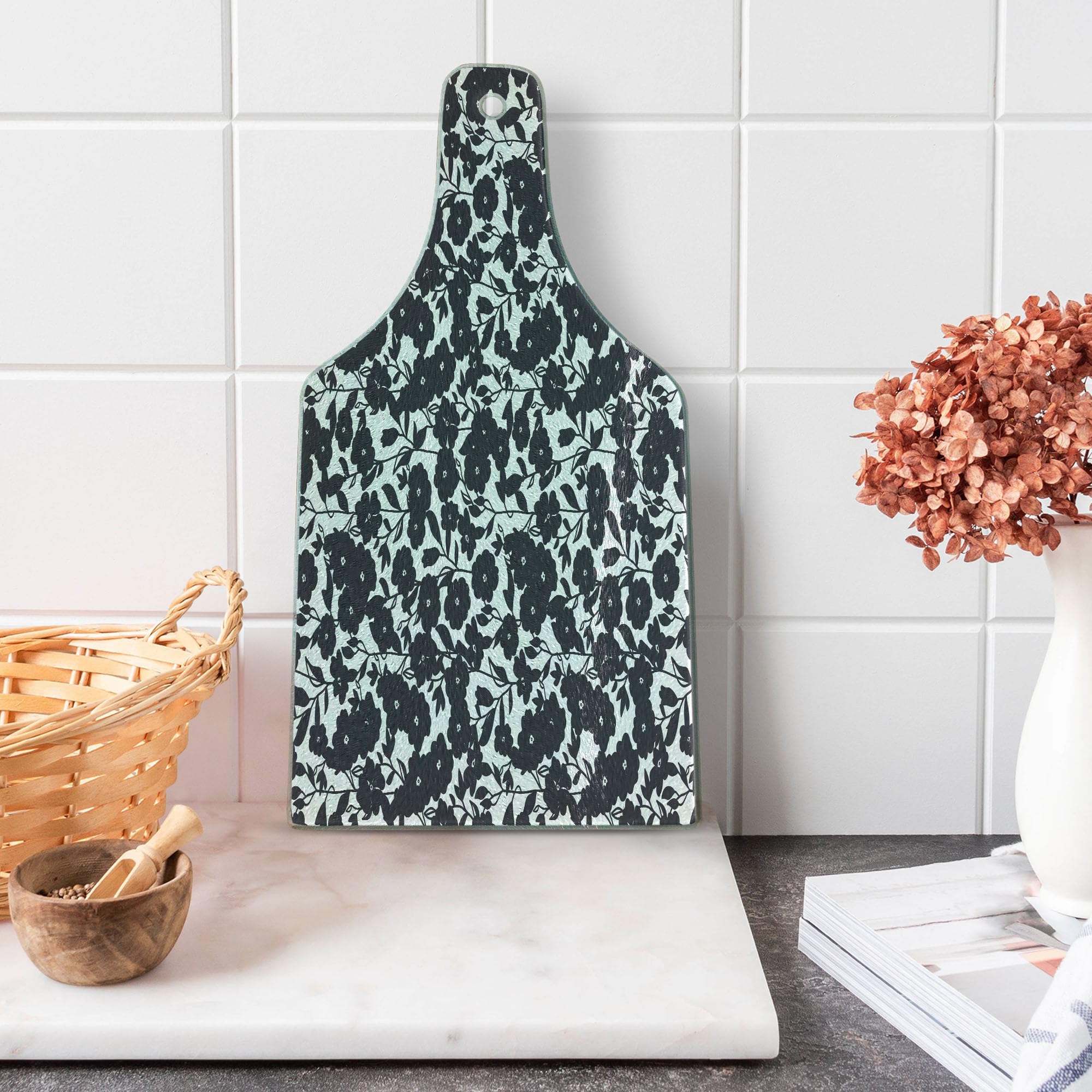 Ambesonne Floral Tempered Glass Cutting Board - Dark Charcoal Gardening Flowers Leaves Swirls Modern Art Print - Wine Bottle Shaped Serving Board in Navy Blue & White - Perfect for Cheese Charcuterie, Wine Pairing & Kitchen Decor