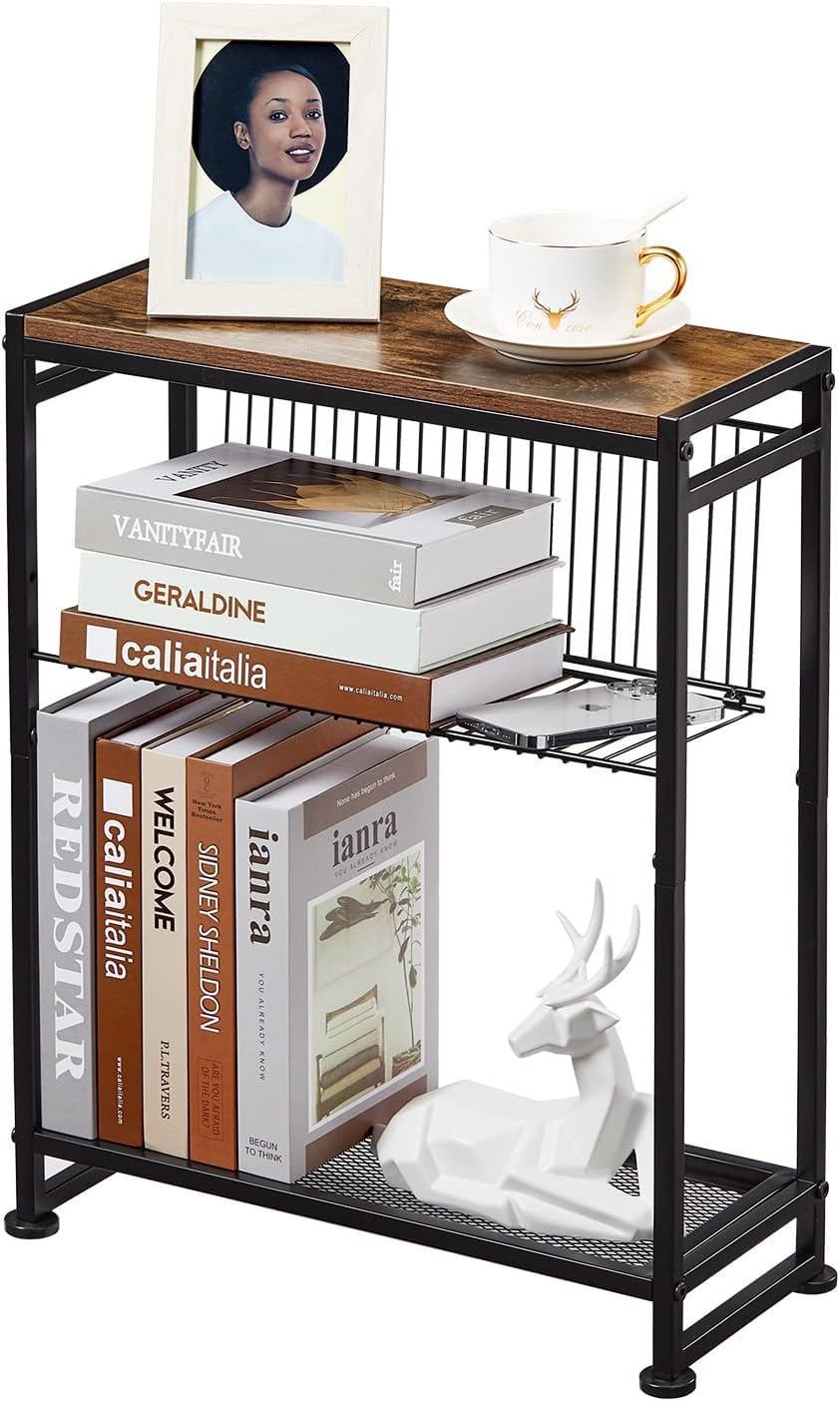 Compact Slim Side Table with Magazine Holder - 2-in-1 Space Saving End Table for Small Spaces - Rustic Brown Narrow Nightstand for Bedroom & Living Room - Perfect for Apartments, Dorms and Cozy Corners