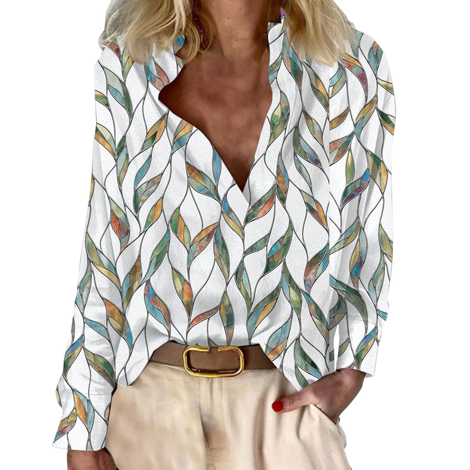 Women's Floral Print V-Neck Long Sleeve Blouse - Soft Cotton Linen Casual Top for Travel, Work & Everyday Wear | Comfortable Summer Shirt for Outfits