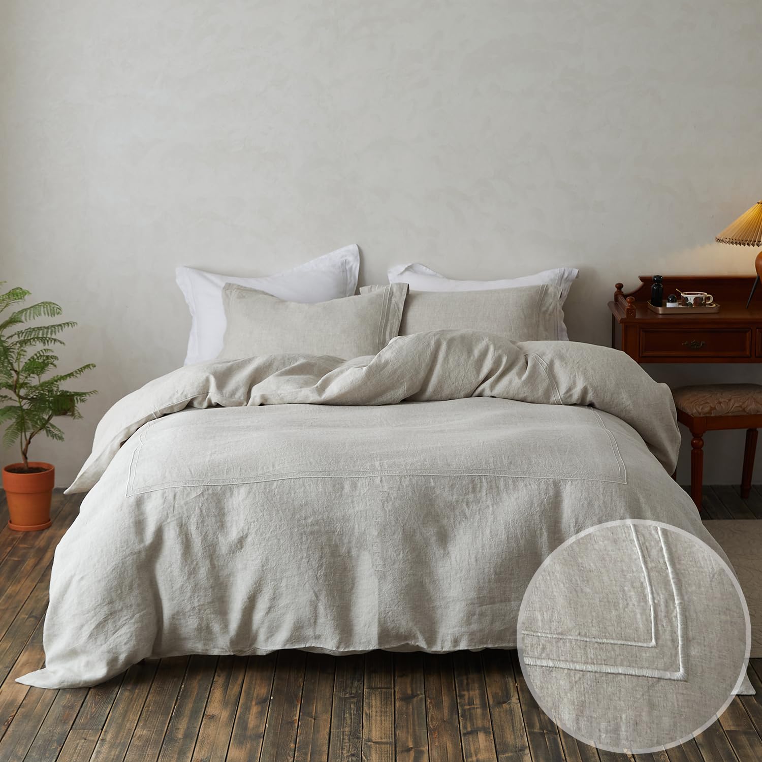 Simple & Opulence 100% Washed Linen Duvet Cover Set 68x86 Inches - 2 Piece Soft Farmhouse Comforter Set with Embroidered Design & Button Closure - Includes 1 Duvet Cover & 1 Pillow Sham (Twin Size, Natural Linen) - Perfect for Bedroom, Guest Room & Cozy Farmhouse Decor