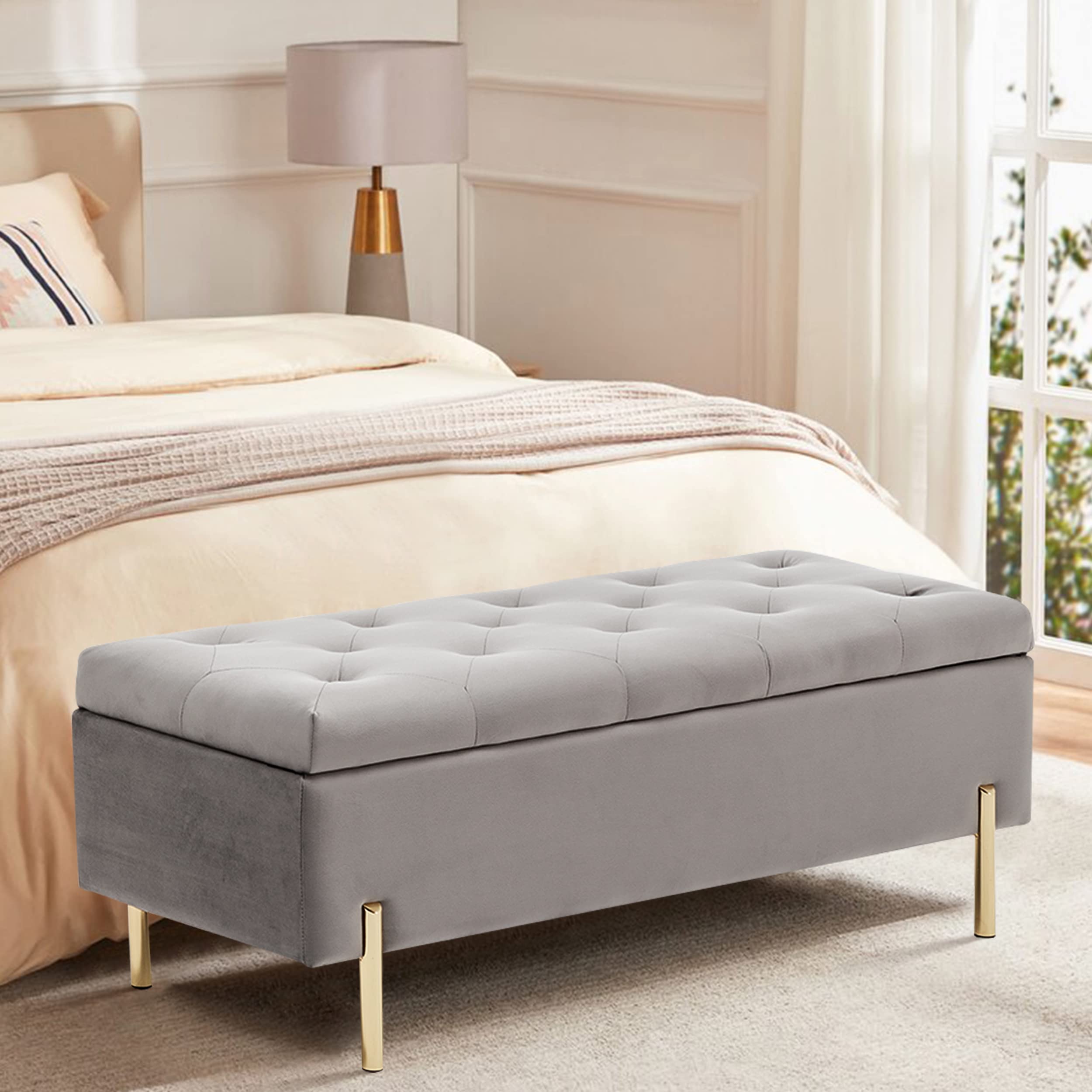 Velvet Upholstered Tufted Storage Bench with Gold Legs - Gray Rectangular Ottoman for Bedroom, Living Room & Entryway - Perfect for Extra Seating, Shoe Storage & Home Decor