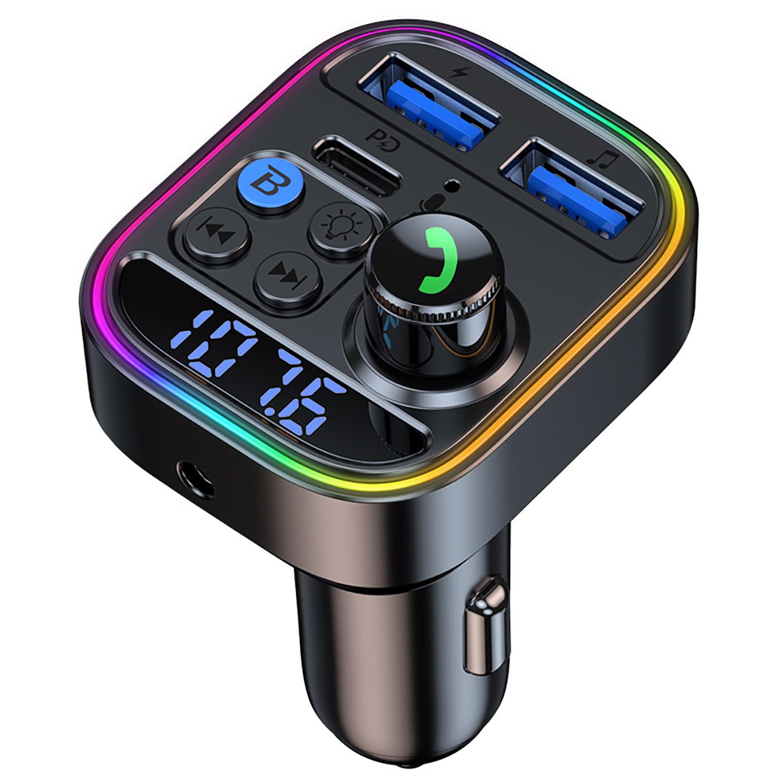 Bluetooth Car Adapter with Wireless FM Transmitter, AUX Audio Receiver, Hands-Free Calling, MP3 Player & Dual USB Charger (QC3.0 & Type-C PD) - Perfect for Road Trips, Commuting & Music Streaming in Your Vehicle