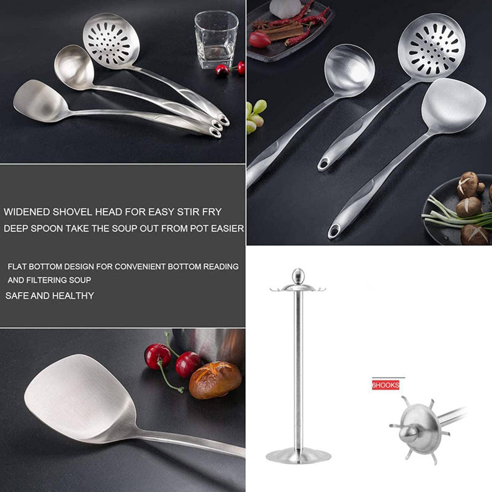 Premium 6-Piece Stainless Steel Kitchen Utensil Set - 304 Grade Cooking Tools with Rotating Holder (Includes Slotted Spoon, Spatula, Soup Ladle & More) - Perfect for Cooking, Baking & Serving - Dishwasher Safe & Durable