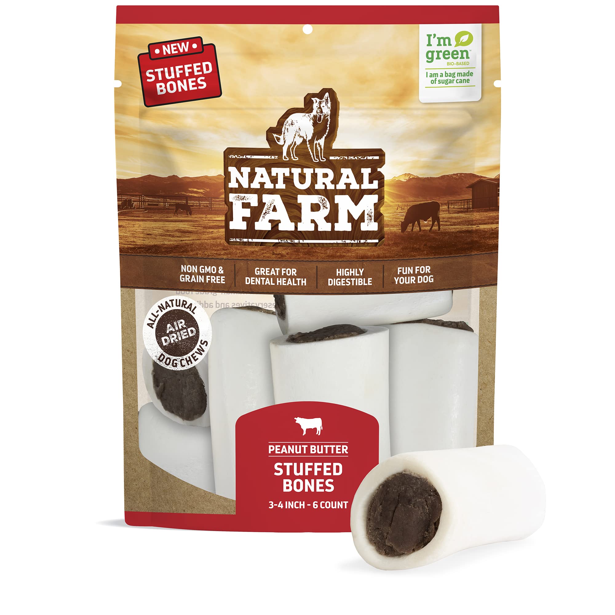 Natural Peanut Butter Filled Dog Bones (3-4 Inch, 6 Pack) - Limited Ingredient Dental Chew Treats with Real Beef for Small to Medium Dogs - Perfect for Training, Teething & Oral Health Care