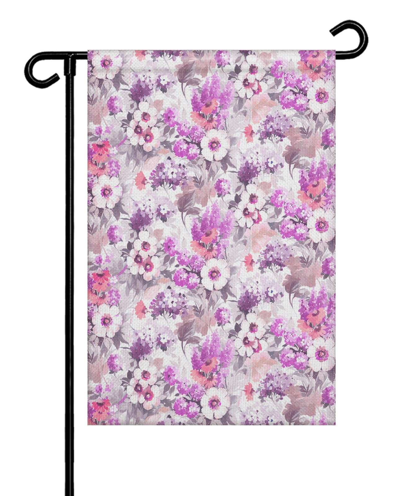 Double Sided Burlap Garden Flag - Watercolor Floral Pink Daisy & Purple Hydrangea Design - 28