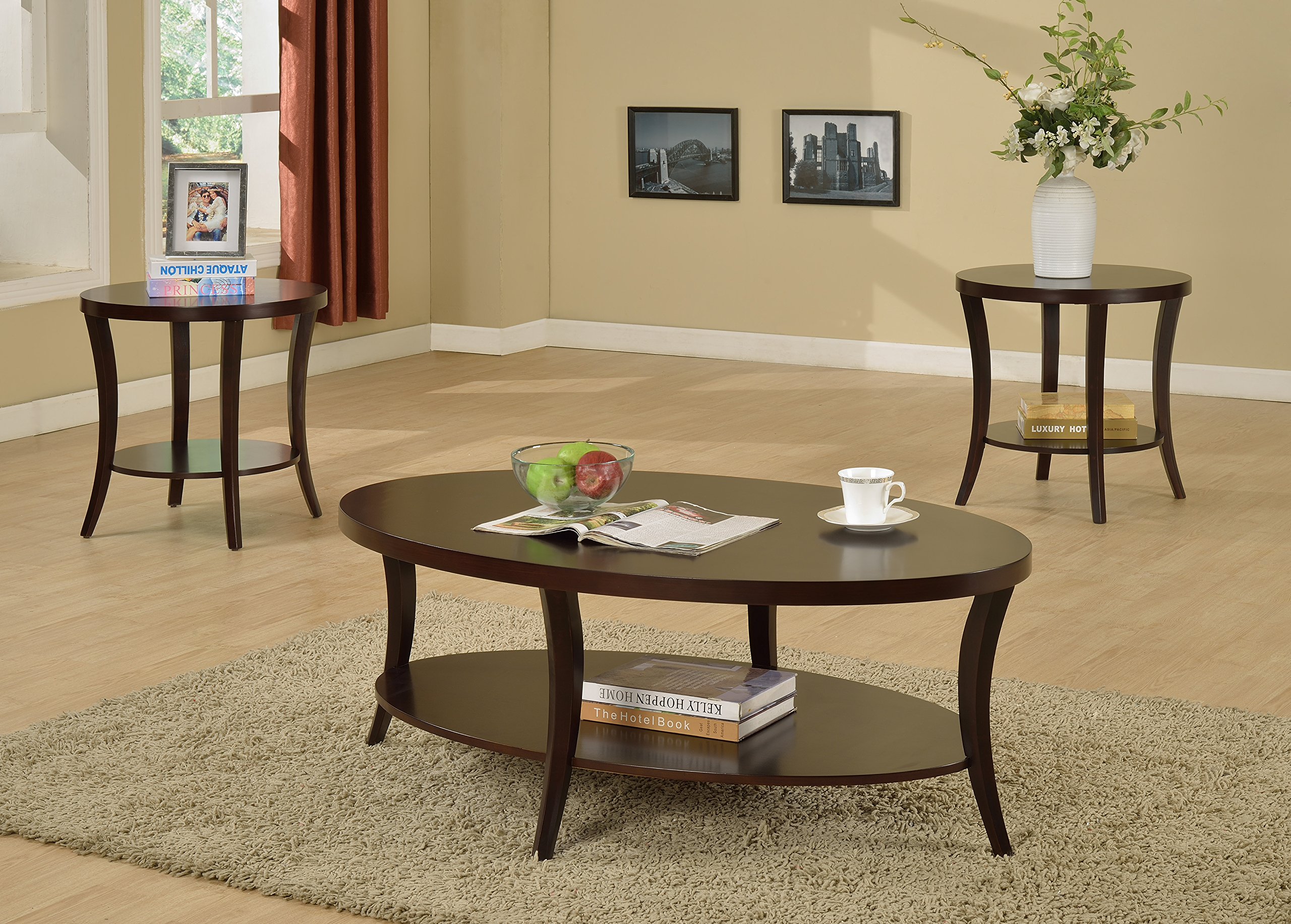 Roundhill Furniture Perth Contemporary Oval Coffee Table with Shelf - Espresso Finish - Perfect for Living Room, Office & Lounge Decor