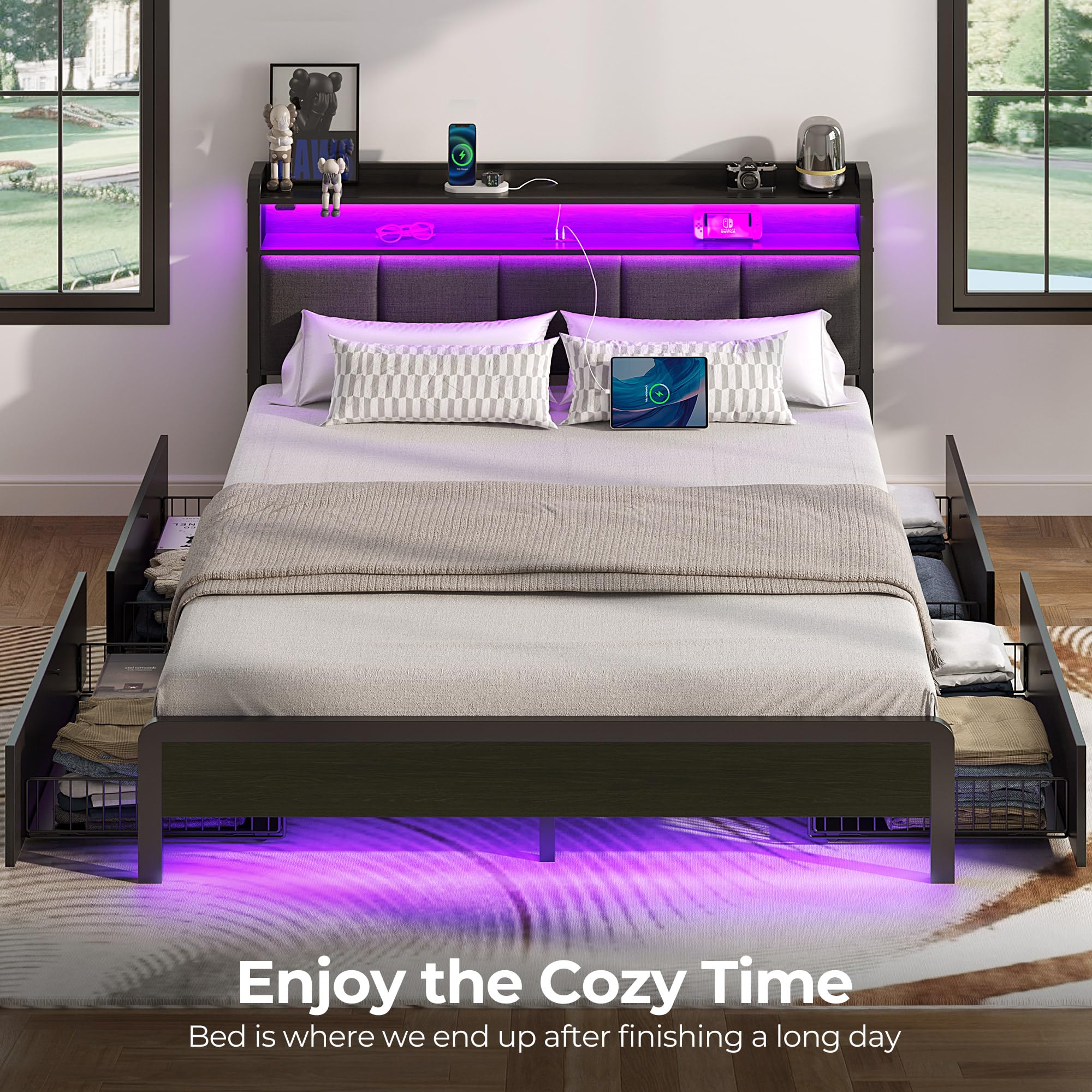 Rolanstar Queen Size Bed Frame with USB Charging Station, LED Lights & Storage Headboard - Heavy Duty Metal Slats, No Box Spring Needed, Noise Free & Easy Assembly - Dark Grey Upholstered Bed for Modern Bedrooms, Guest Rooms & Small Apartments