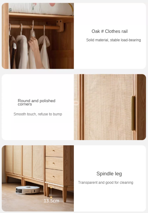 Solid Oak Wood Rattan Wardrobe - Stylish Storage for Bedroom, Living Room & Closet Organization