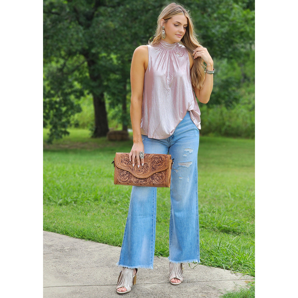 Andree Women's Blush Shimmer Top - Elegant Shimmery Blouse for Party, Date Night & Evening Outfits | Trendy Women's Fashion Top for Special Occasions