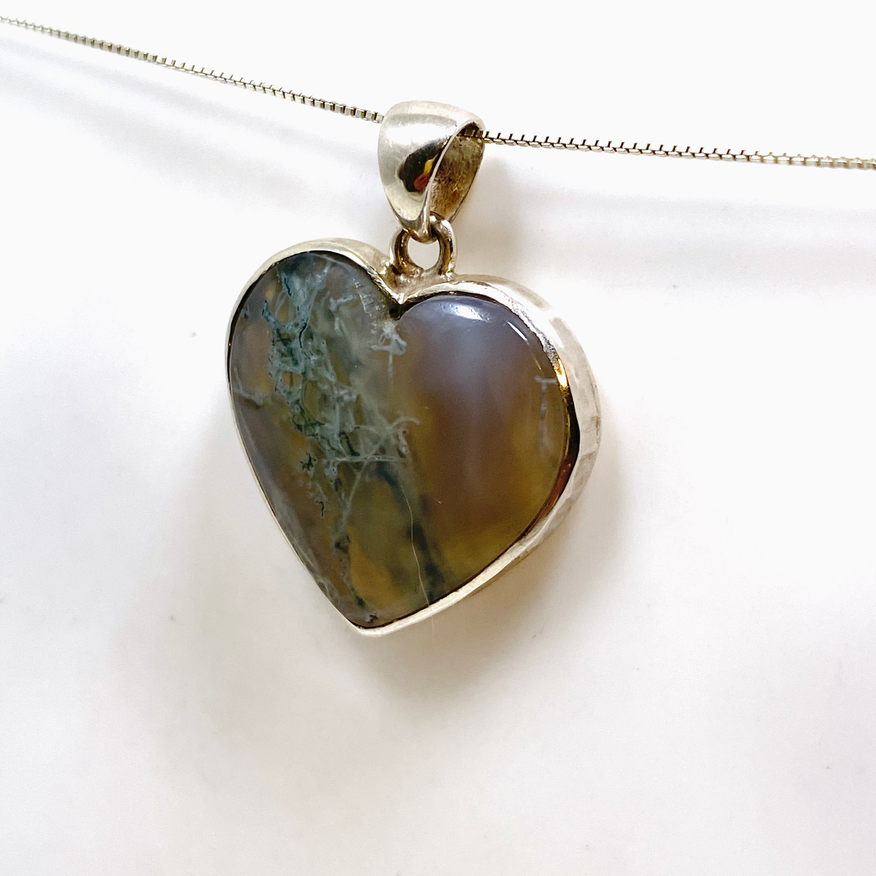 Natural Moss Agate Heart Cabochon Pendant in Hammered Sterling Silver Setting KPGJ4703 - Perfect for Jewelry Making, Gifts & Spiritual Healing