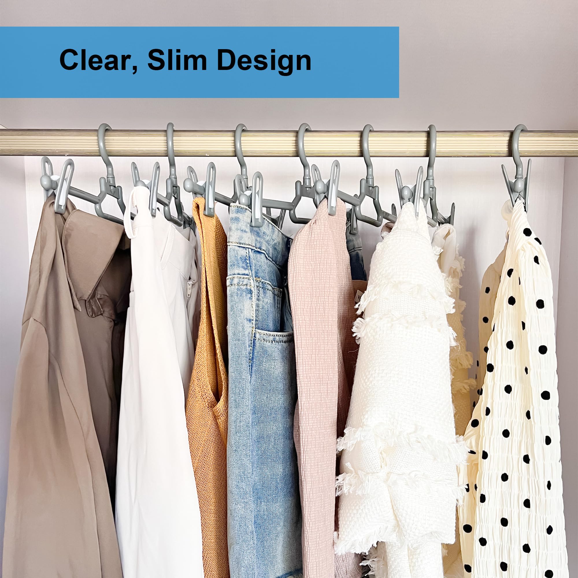 20-Pack Slim Plastic Pants Hangers with 360° Swivel Hook & Pinch Clips - Space Saving Closet Organizer for Baby, Kids, Adult Clothes (Grey) - Perfect for Wardrobe, Travel & Laundry Organization