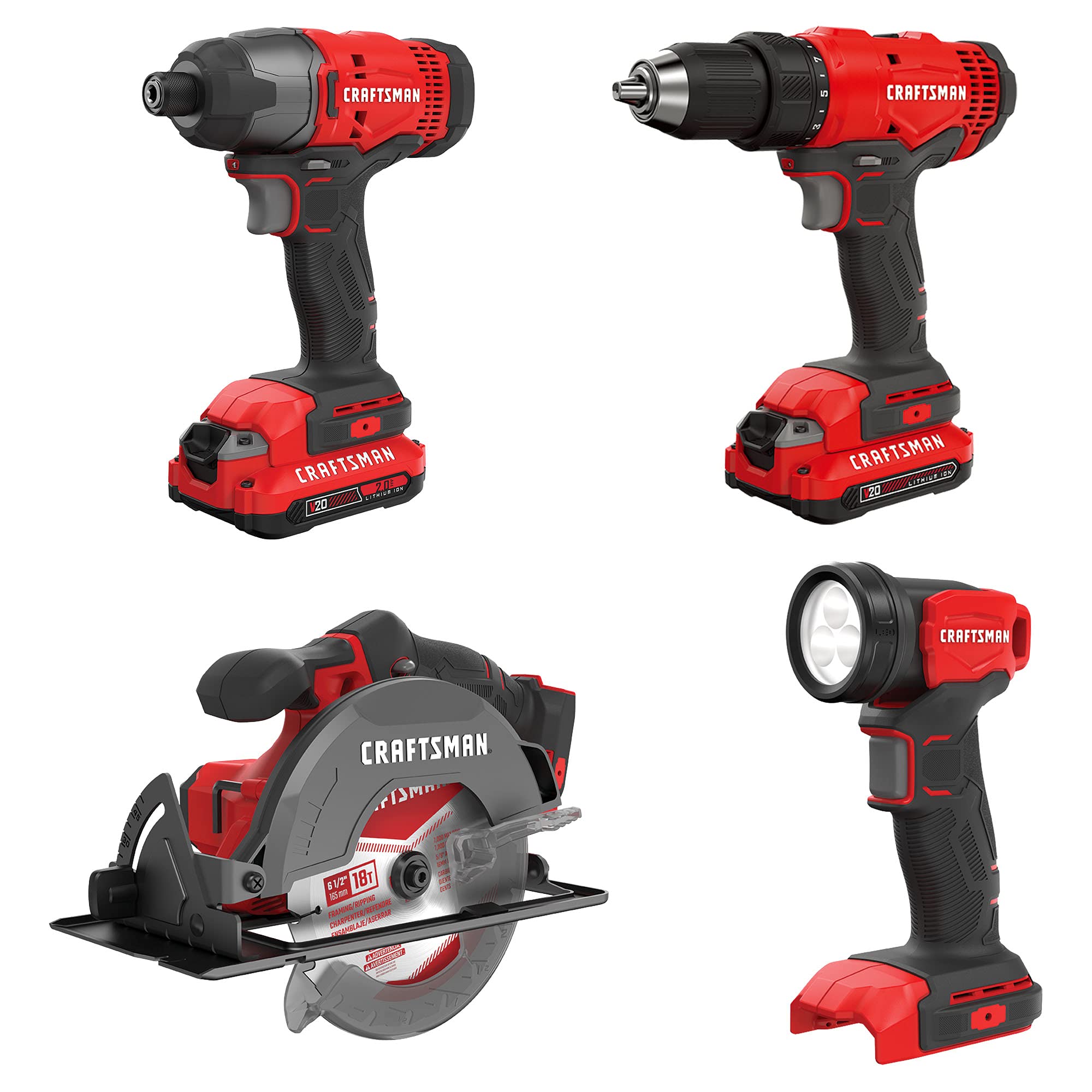 CRAFTSMAN V20 MAX 4-Tool Cordless Power Tool Combo Kit (CMCK401D2AM) - Drill, Impact Driver, Circular Saw & Work Light for DIY Projects & Home Improvement