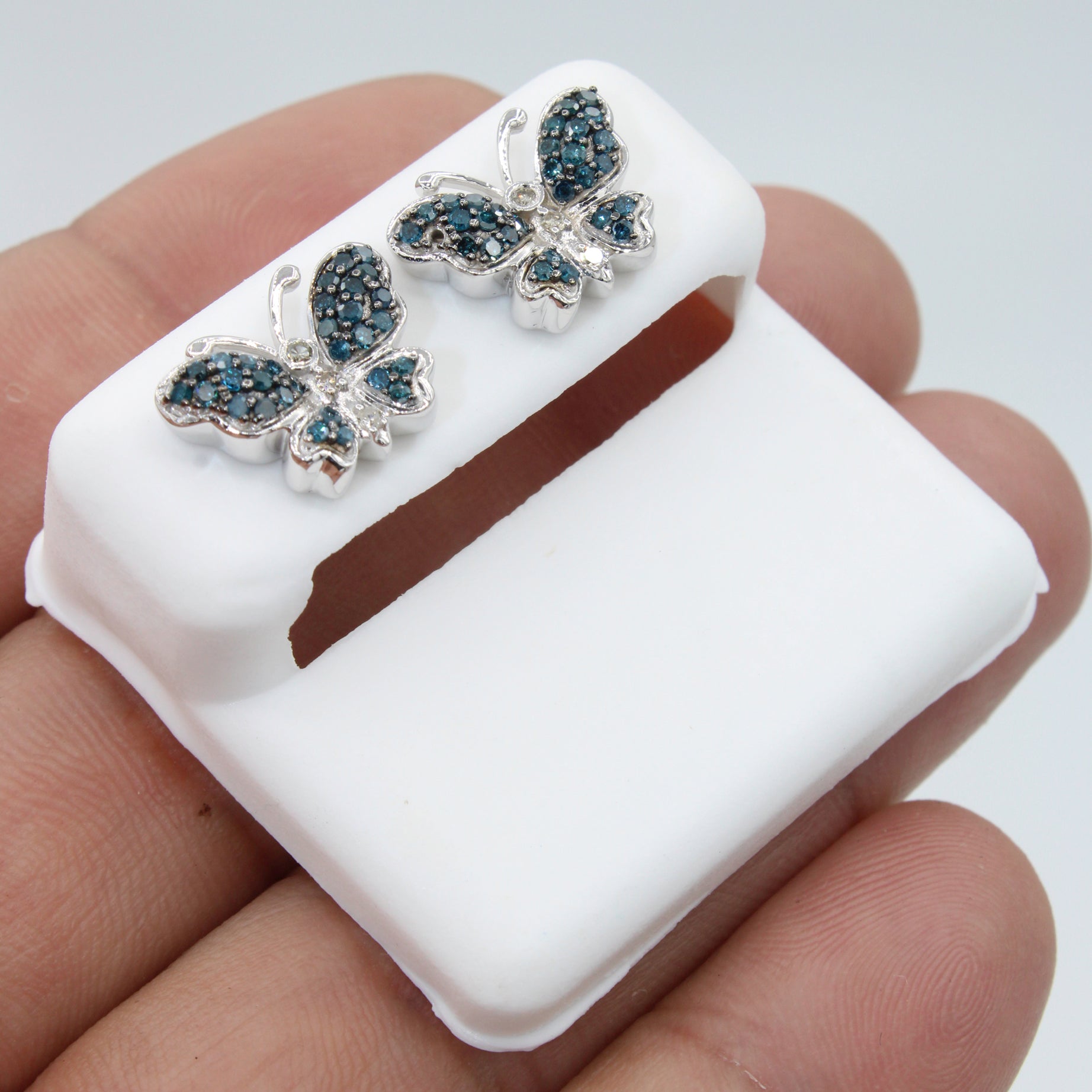 14K Gold (10.5mm) Blue Diamond Butterfly Stud Earrings for Women - Elegant Jewelry Gift for Birthday, Anniversary & Special Occasions