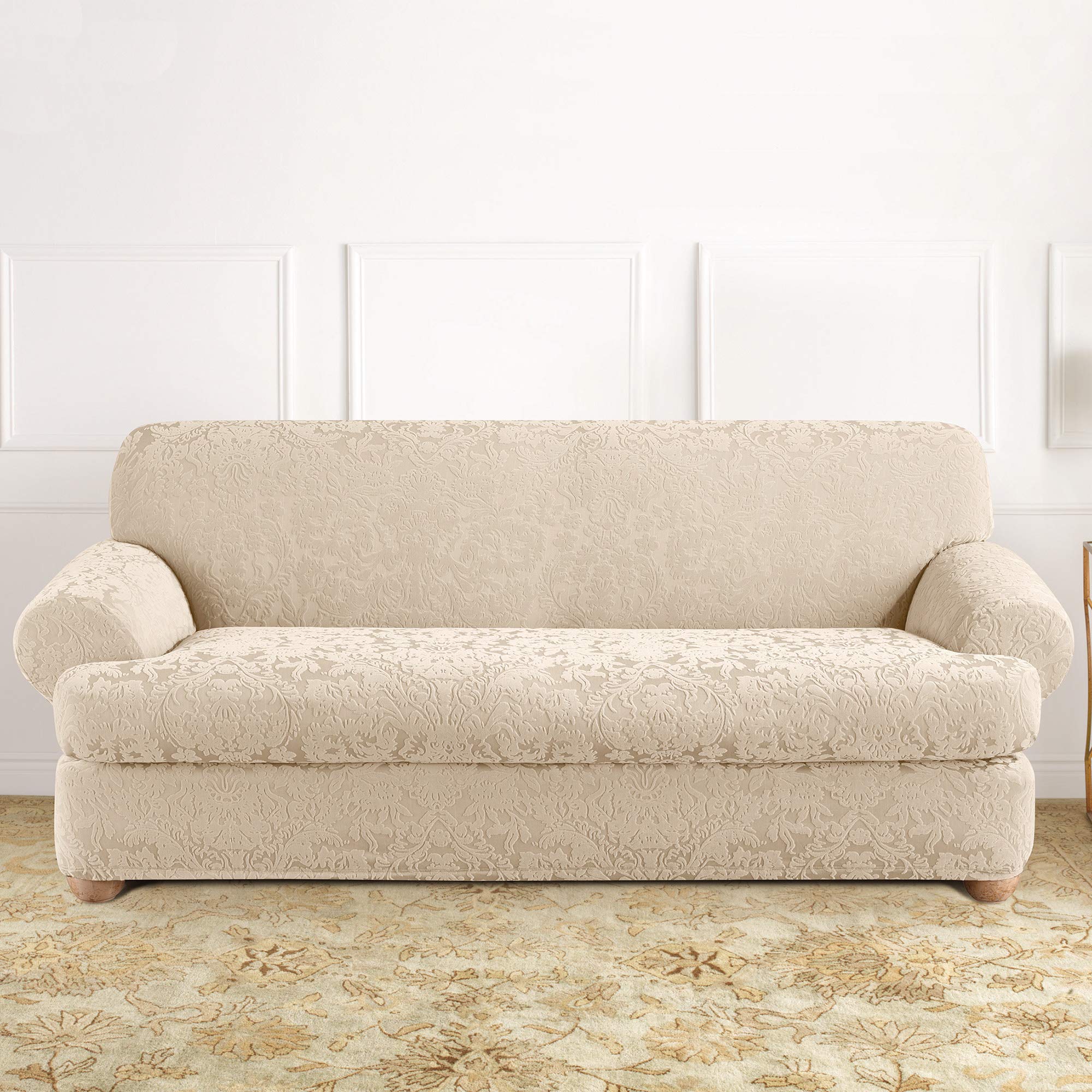 SureFit Stretch Jacquard Damask 2-Piece Sofa Slipcover - Oyster Color - Fits Most Couches & Loveseats - Easy Installation for Living Room Furniture Protection