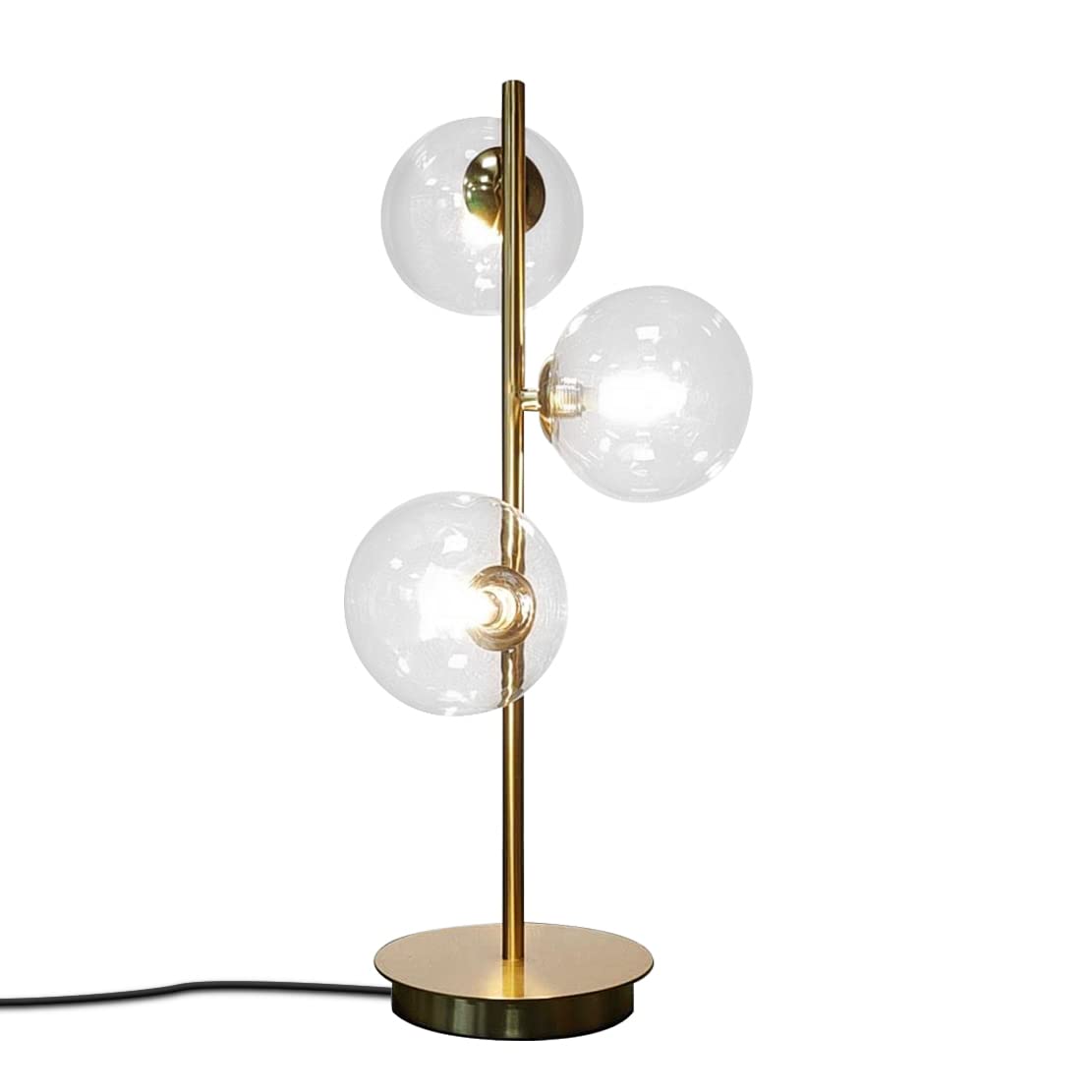 Fulesi Mid Century Modern 3-Light Glass Globe Table Lamp - Gold Accent Desk & Bedside Lamp for Bedroom, Living Room, Bar - Clear Glass Shade (Perfect for Reading Nook, Home Office & Lounge Lighting)