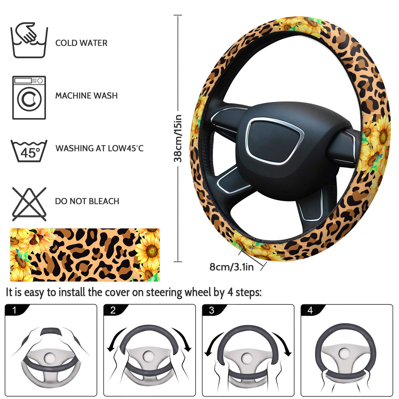 Sunflower Leopard Print Steering Wheel Cover - Universal Quick Release Anti-Slip Car Wheel Protector for Women & Men - Fits Truck, SUV, Sedan - Wild Panthera Skin Pattern for Style & Comfort While Driving