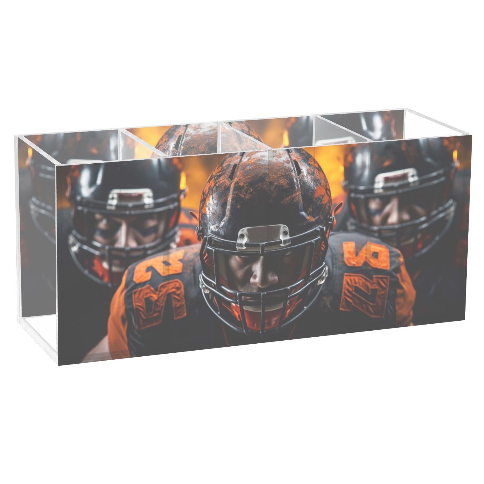 PDZRMY Acrylic Pen Holder with American Football Players Design - 4 Compartment Pencil Organizer, Brush & Utensil Cup - Personalized Pattern Desktop Organizer for Office, School, and Home Decor