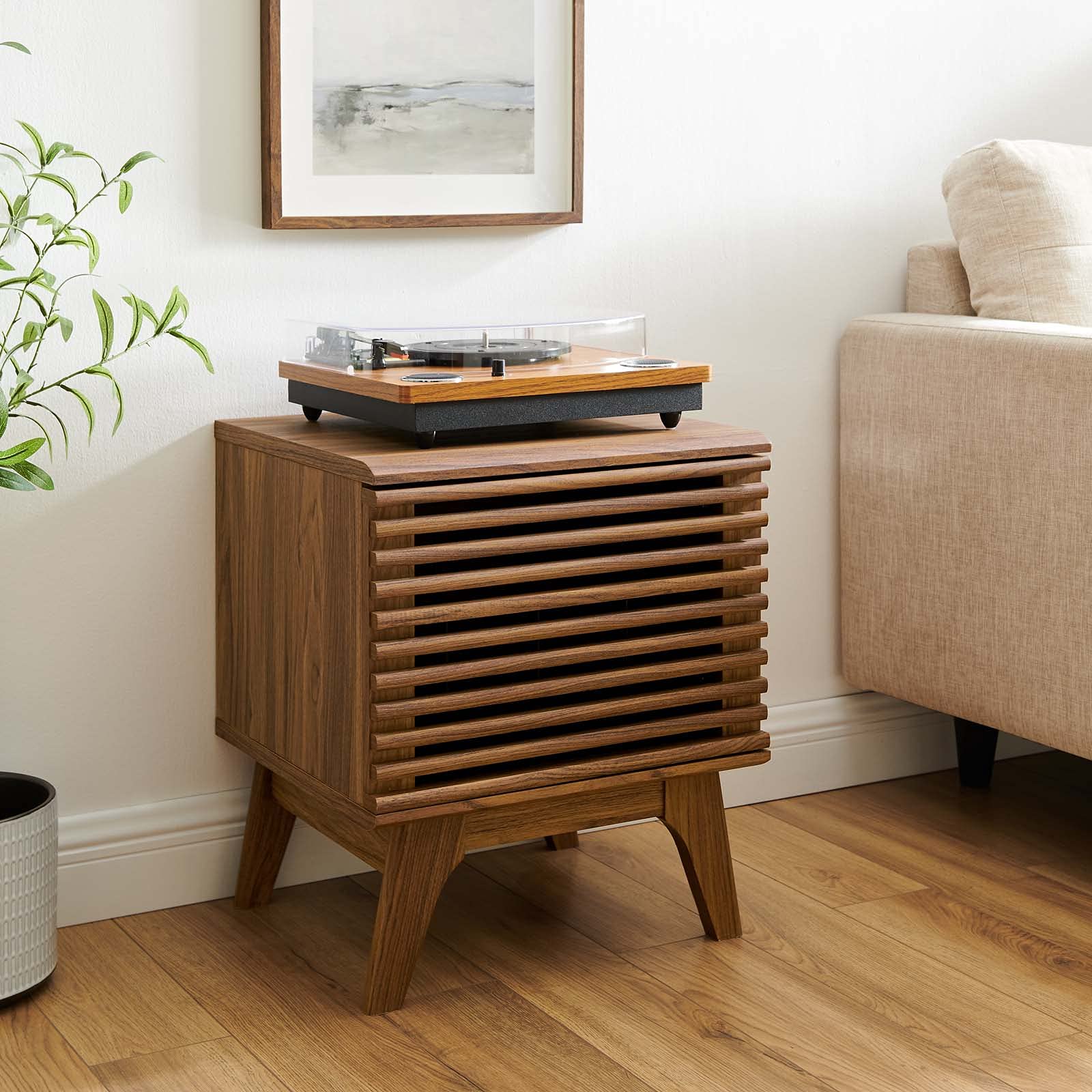 Modern Brown Walnut Wood Sofa Side Table Display Stand - Contemporary End Table for Living Room, Lounge, Hotel & Hospitality Decor