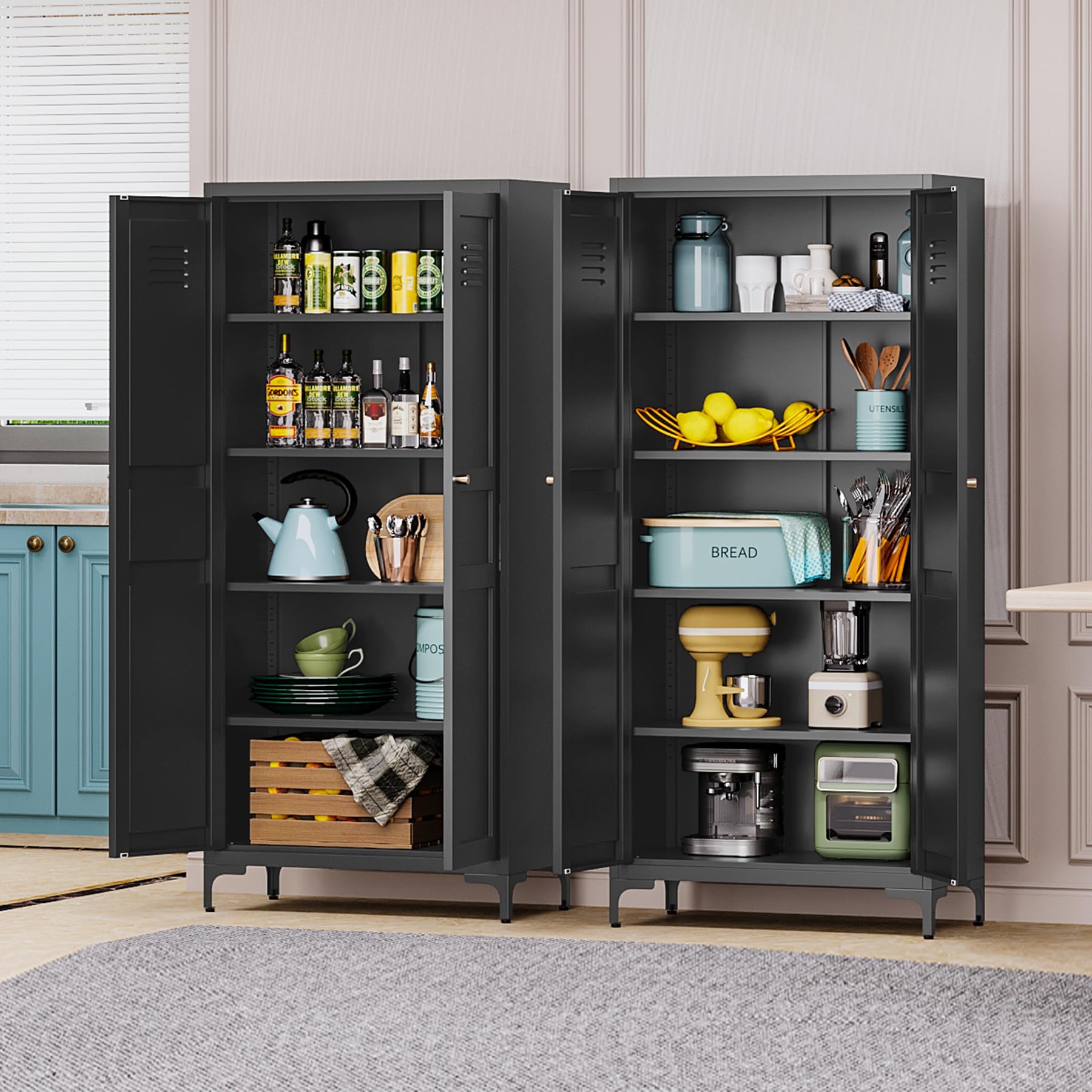 61 Inch Black Metal Kitchen Pantry Storage Cabinet with Adjustable Shelves & Feet - Organize Kitchen, Living Room, Dining Room & Bathroom - Perfect for Small Spaces & Home Organization