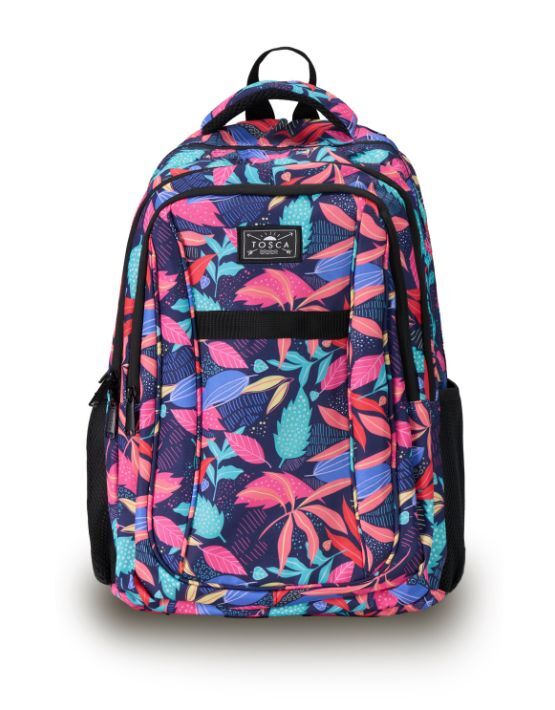 Tosca TCA936 L Small Backpack for Women & Men - Lightweight Travel Daypack, Water-Resistant Black/Tropical Design - Perfect for Hiking, School, Work & Daily Commute