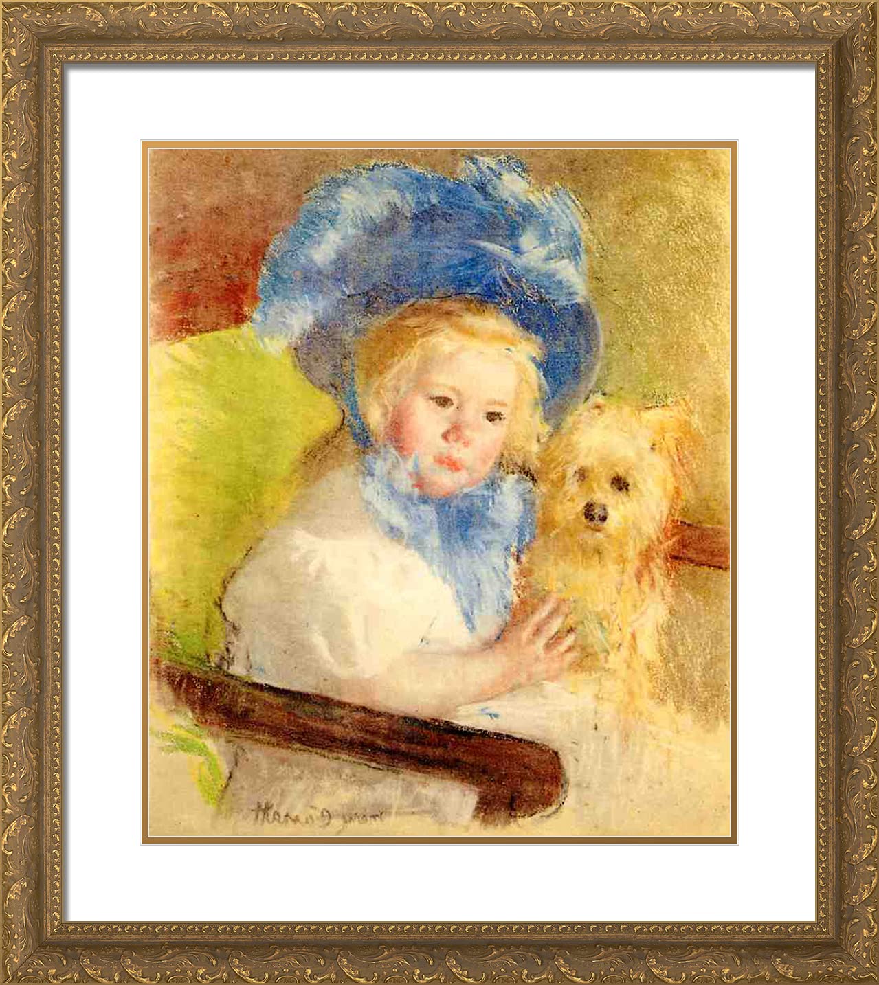 Mary Cassatt 'Simone in a Large Plumed Hat' 20x22 Gold Ornate Framed Art Print with Double Matting - Perfect for Living Room, Bedroom & Office Wall Decor