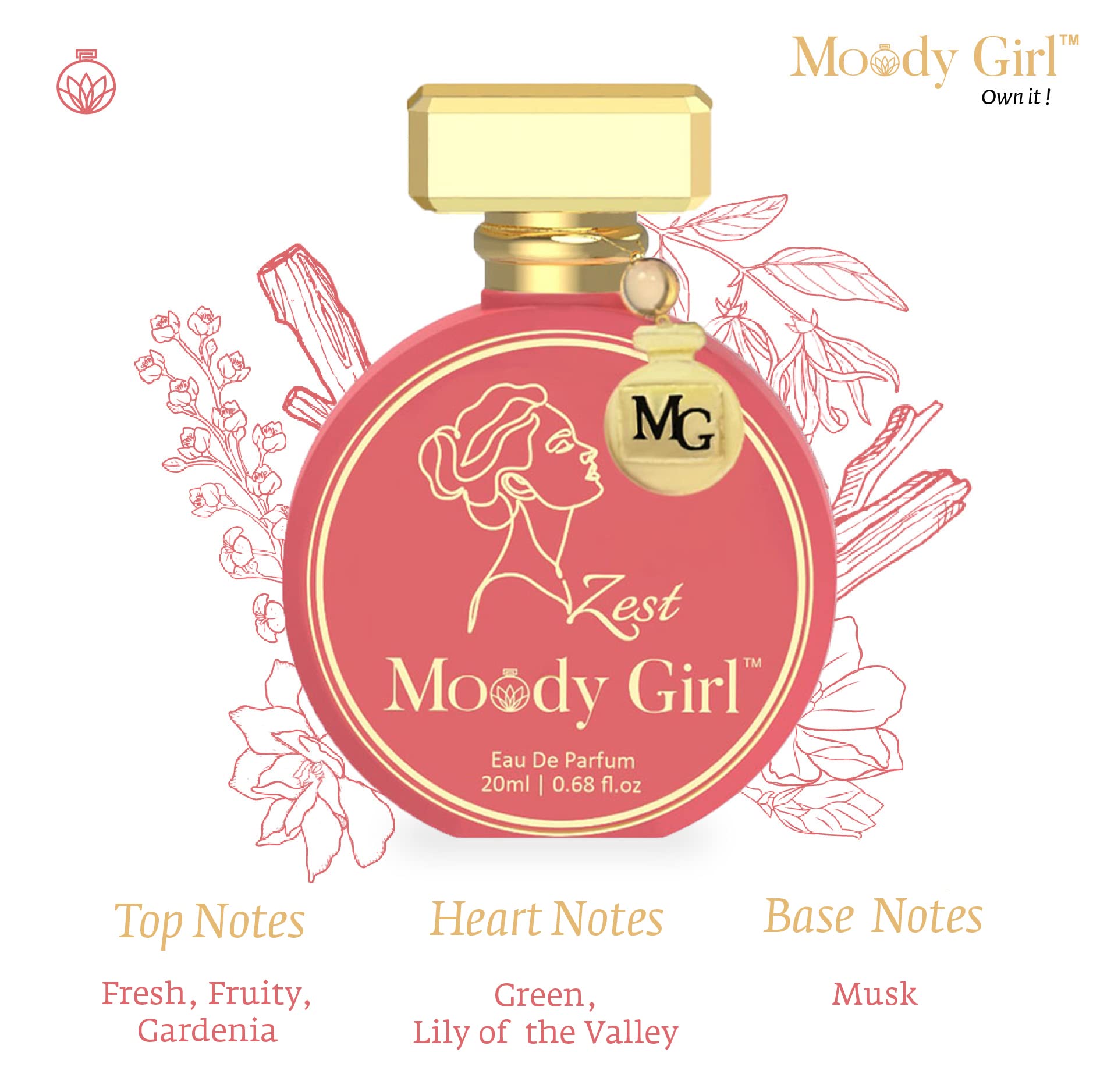 Moody Girl Zest Luxury Perfume for Women - Fresh Fruity Gardenia Scent | 24 Hour Long Lasting Musk Fragrance | Perfect Gift for Her | Great for Date Night, Office & Special Occasions (20ML)