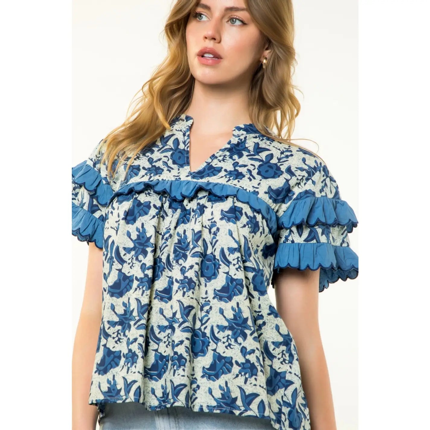 Finley Ruffle Top for Women - Elegant Floral Print Blouse with Ruffled Sleeves & V-Neck | Perfect for Casual Wear, Office Outfits & Date Nights