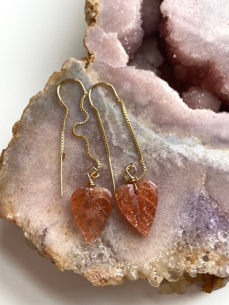 Orange Sunstone Gold Filled Statement Crystal Gemstone Threader Earrings for Women - Elegant Boho Chic Jewelry for Party, Wedding & Everyday Wear