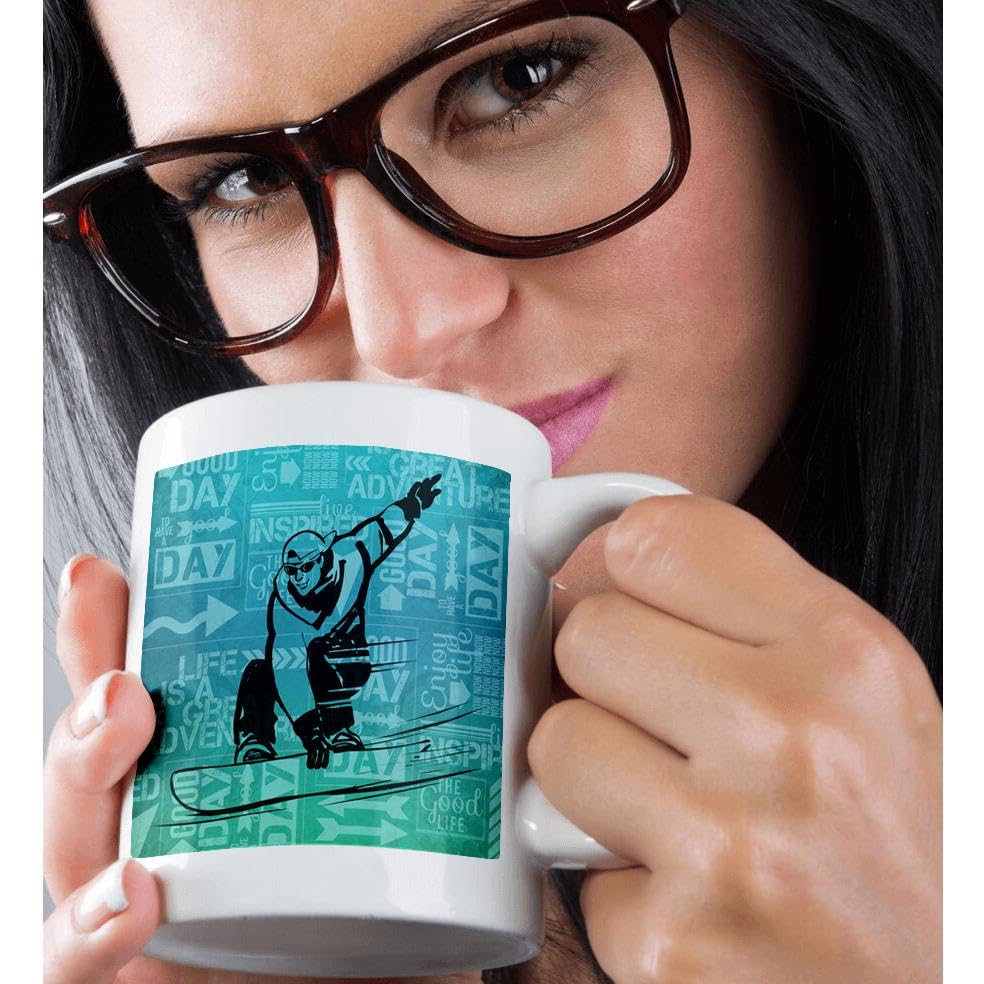 3D Rose 15oz Snowboarding Winter Sports Silhouette Coffee Mug with Adventure Word Art - Funny Novelty Gift for Skiers & Snowboarders - Perfect for Hot Drinks at Home, Office or Mountain Cabin