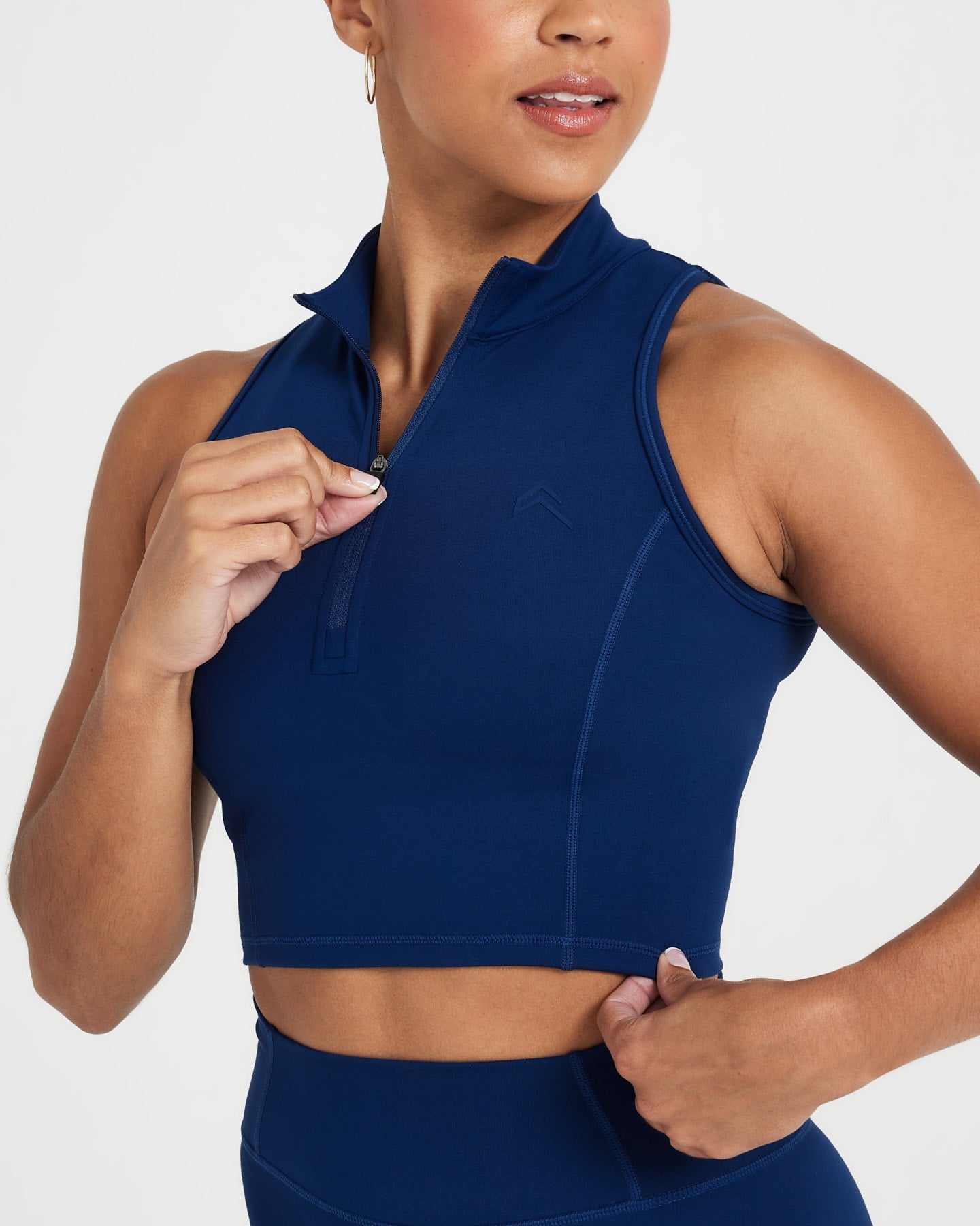 Timeless Half Zip Crop Tank Top for Women - Soft Stretchy Workout Shirt, Midnight Blue | Gym, Yoga, Running & Casual Wear