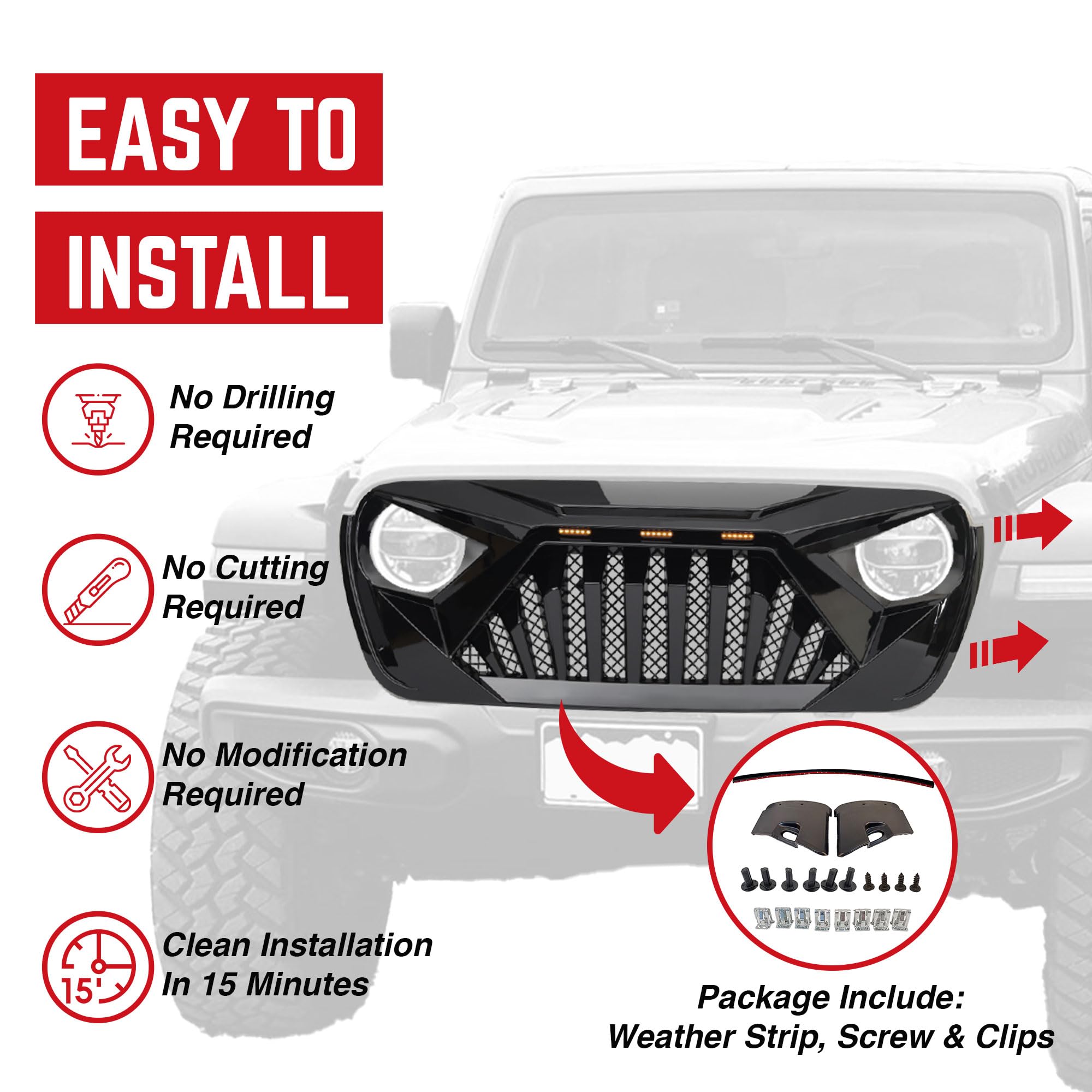 Goliath Grille with LED Amber Lights for 2018+ Jeep Wrangler JL & 2020+ Gladiator JT (Non-TrailCam) - Glossy Black | Off-Road Upgrade | Enhanced Style & Visibility for Night Adventures