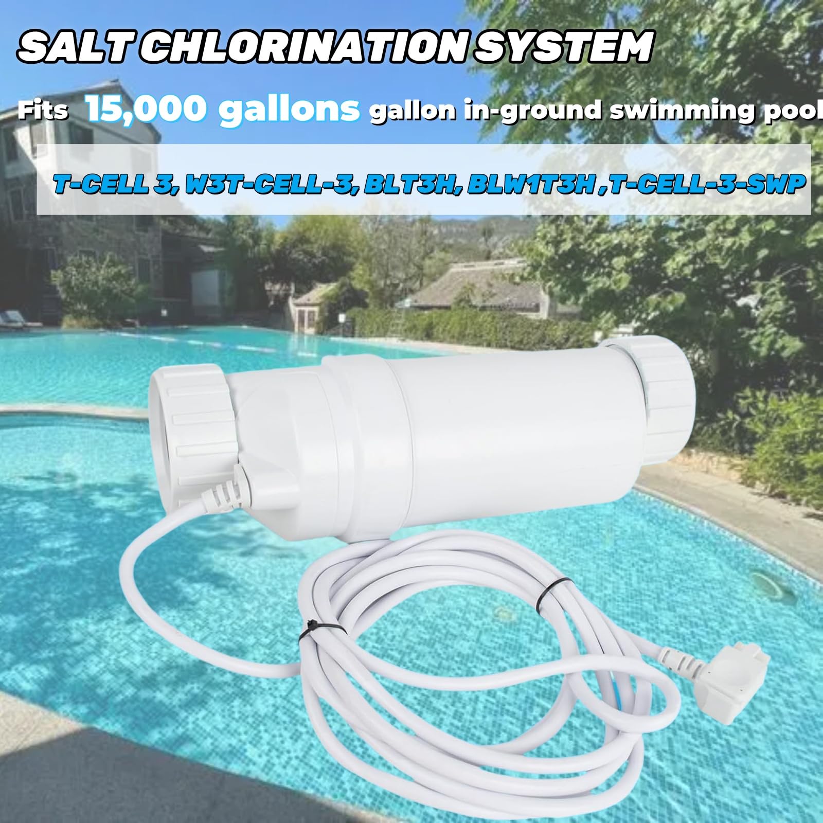 W3T-Cell-3 Salt Chlorinator System for In-Ground Pools | 15,000 Gallon Saltwater Generator with 15ft Cable | Compatible with Hayward T3 Mixizap | Perfect for Backyard Swimming Pool Maintenance & Water Sanitation
