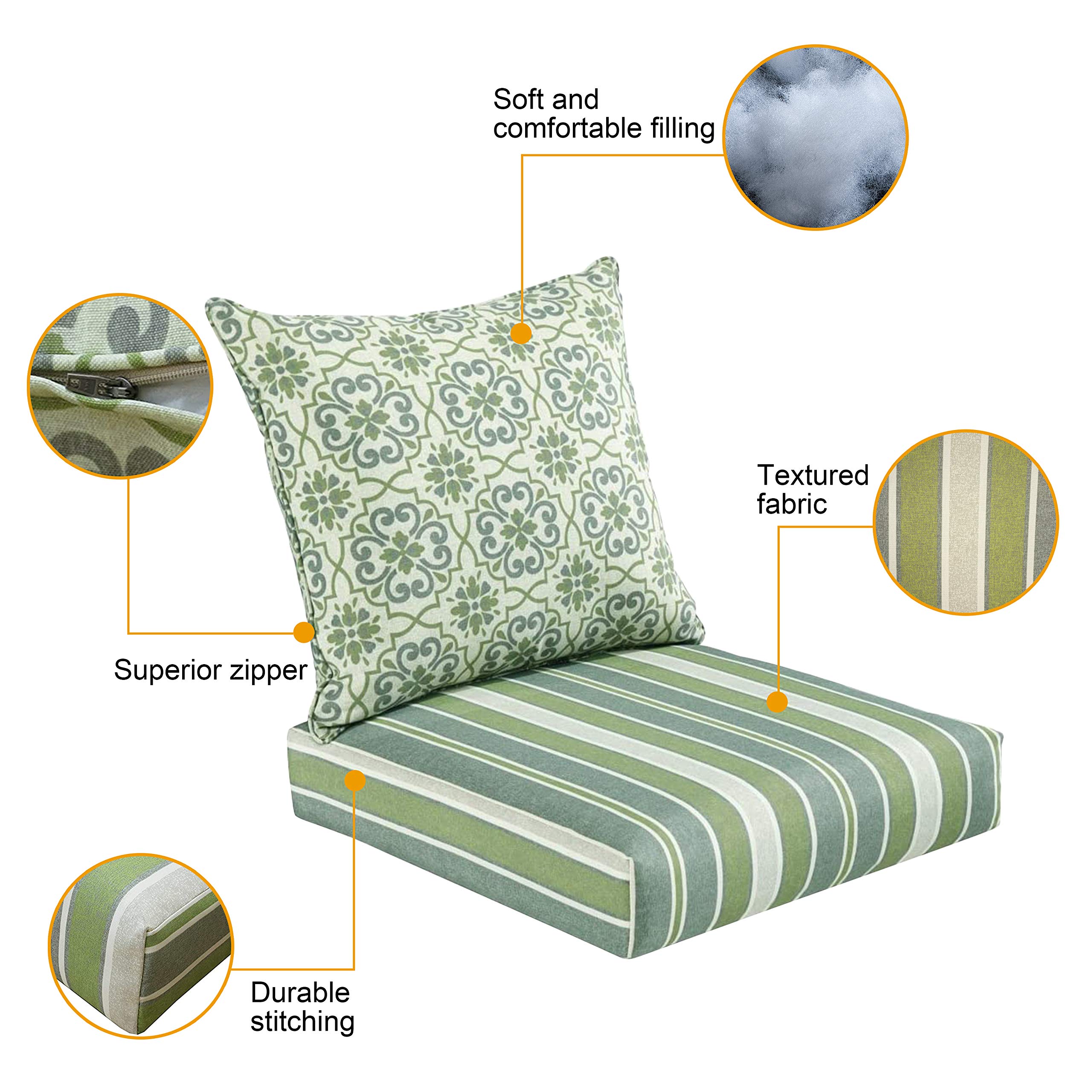 BOSSIMA Indoor Outdoor Black Gold Damask Deep Seat Chair Cushion Set - Spring Summer Replacement Cushions for Patio, Deck, Garden & Living Room Furniture