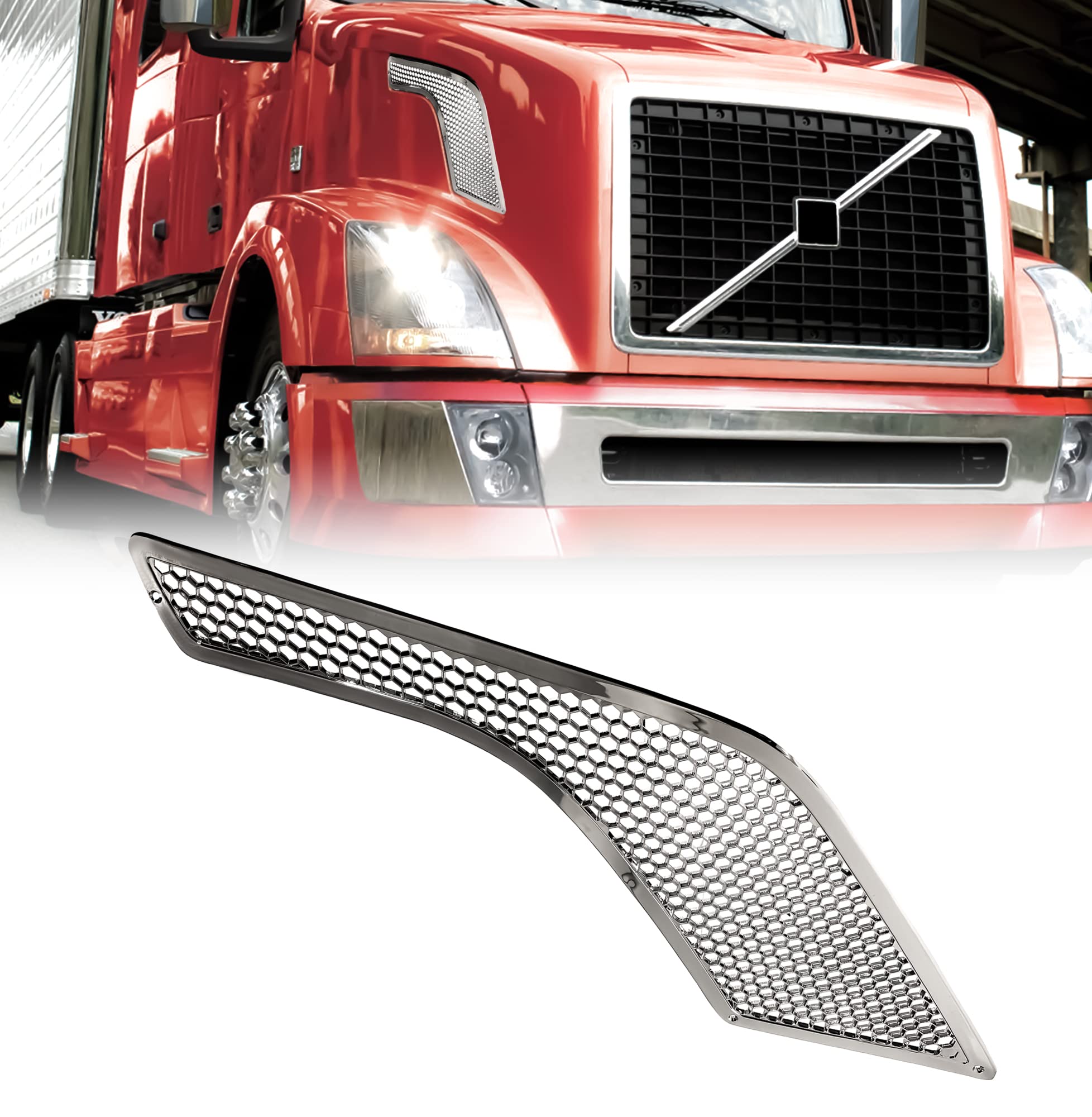 TORQUE Replacement Chrome Side Hood Air Intake Grill for 2003-2017 Volvo VNL Semi Trucks - Passenger Right Side (RHD) TR018-R - Heavy Duty Truck Accessory for Improved Engine Cooling & Style