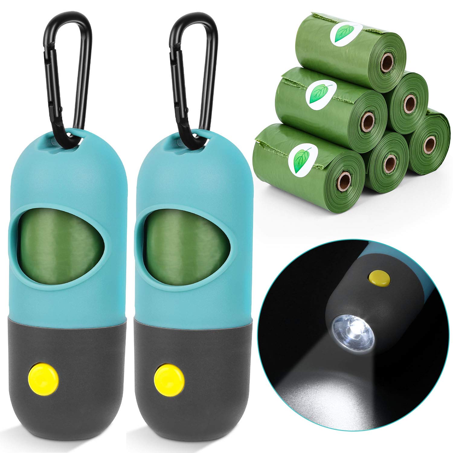LED Dog Poop Bag Holder with Flashlight - 2 Pack Leash Attachment Waste Bag Dispenser with Carabiner Clip & 6 Rolls Included - Convenient for Night Walks, Park Visits, and Travel with Your Pet